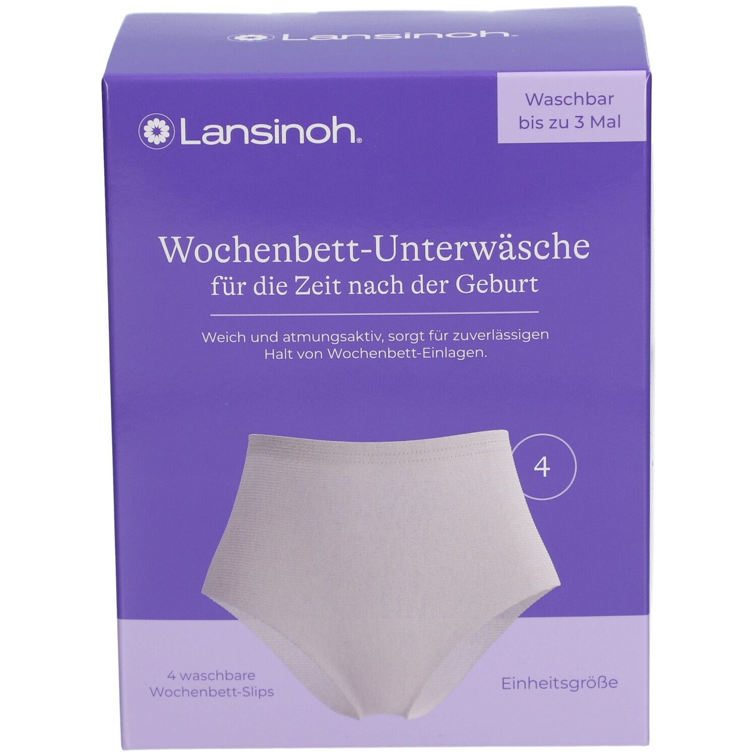 Lila Karton mit Lansinoh Logo. Enthält 4 waschbare Wochenbett-Slips. Einheitgröße. Waschbar bis zu 3 Mal.