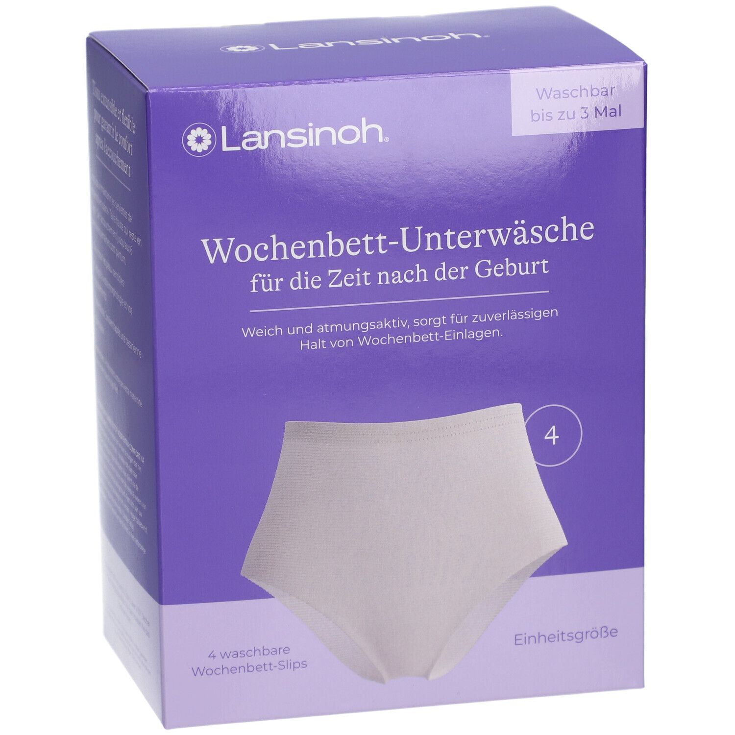 Lila Karton mit Lansinoh Logo. Enthält 4 waschbare Wochenbett-Slips. Einheitgröße. Waschbar bis zu 3 Mal.