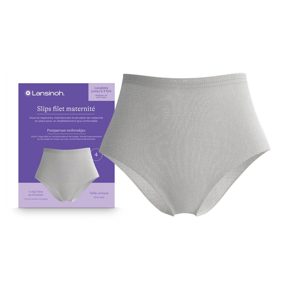 Emballage et slip. Emballage violet Lansinoh. 4 slips filet maternité. Lavable jusqu'à 3 fois.