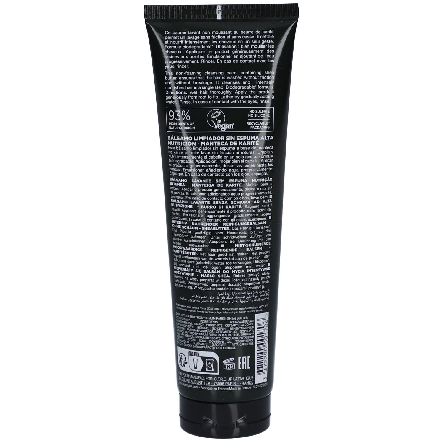 Rückseite der schwarzen Tube. Text in mehreren Sprachen. Vegan-Siegel. 93% Inhaltsstoffe natürlichen Ursprungs.