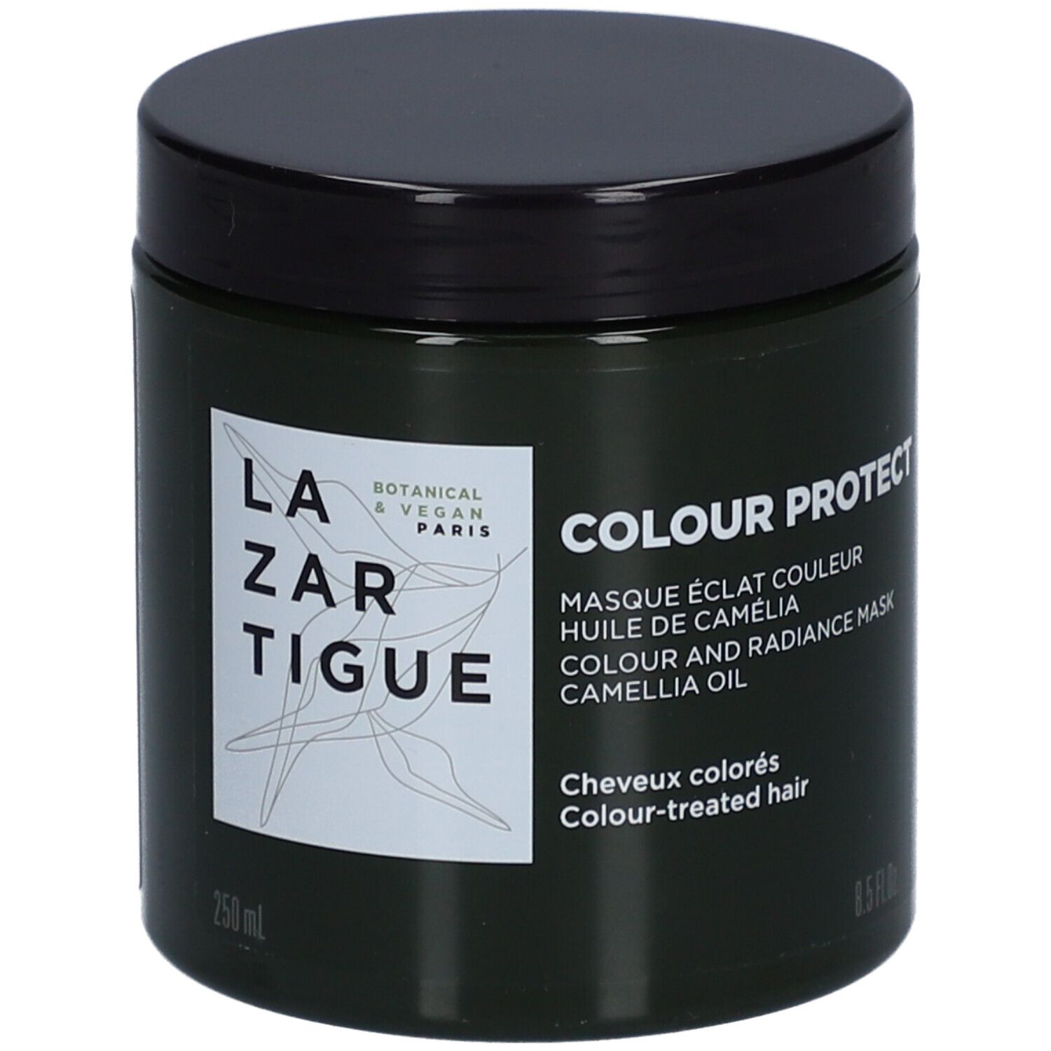 Donkergroene pot met zwart deksel. Label: LAZARTIGUE, COLOUR PROTECT, 250 ml. Voor gekleurd haar.