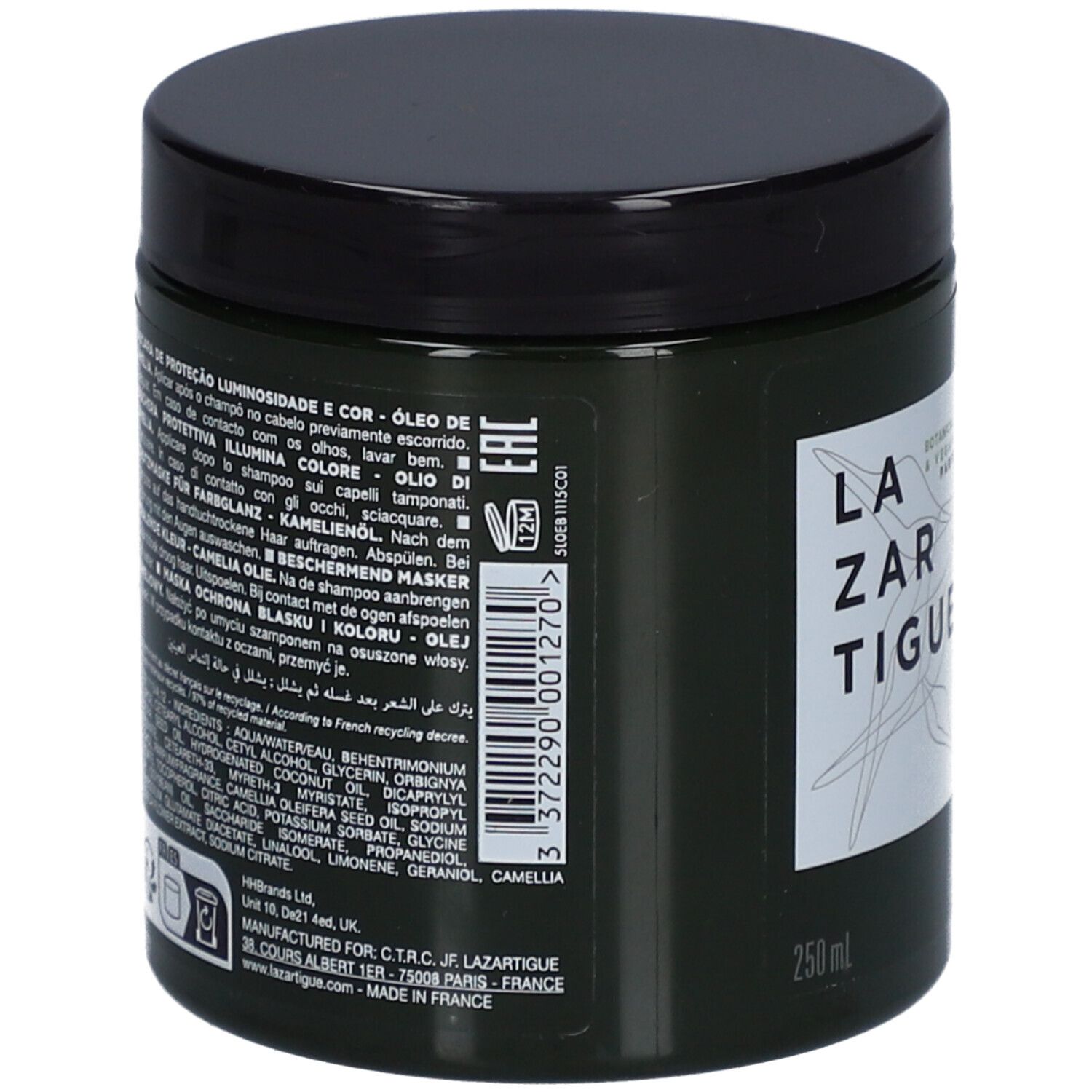 Achterkant van een donkergroene pot met zwart deksel. Tekst: LAZARTIGUE, ingrediënten, 250 ml.