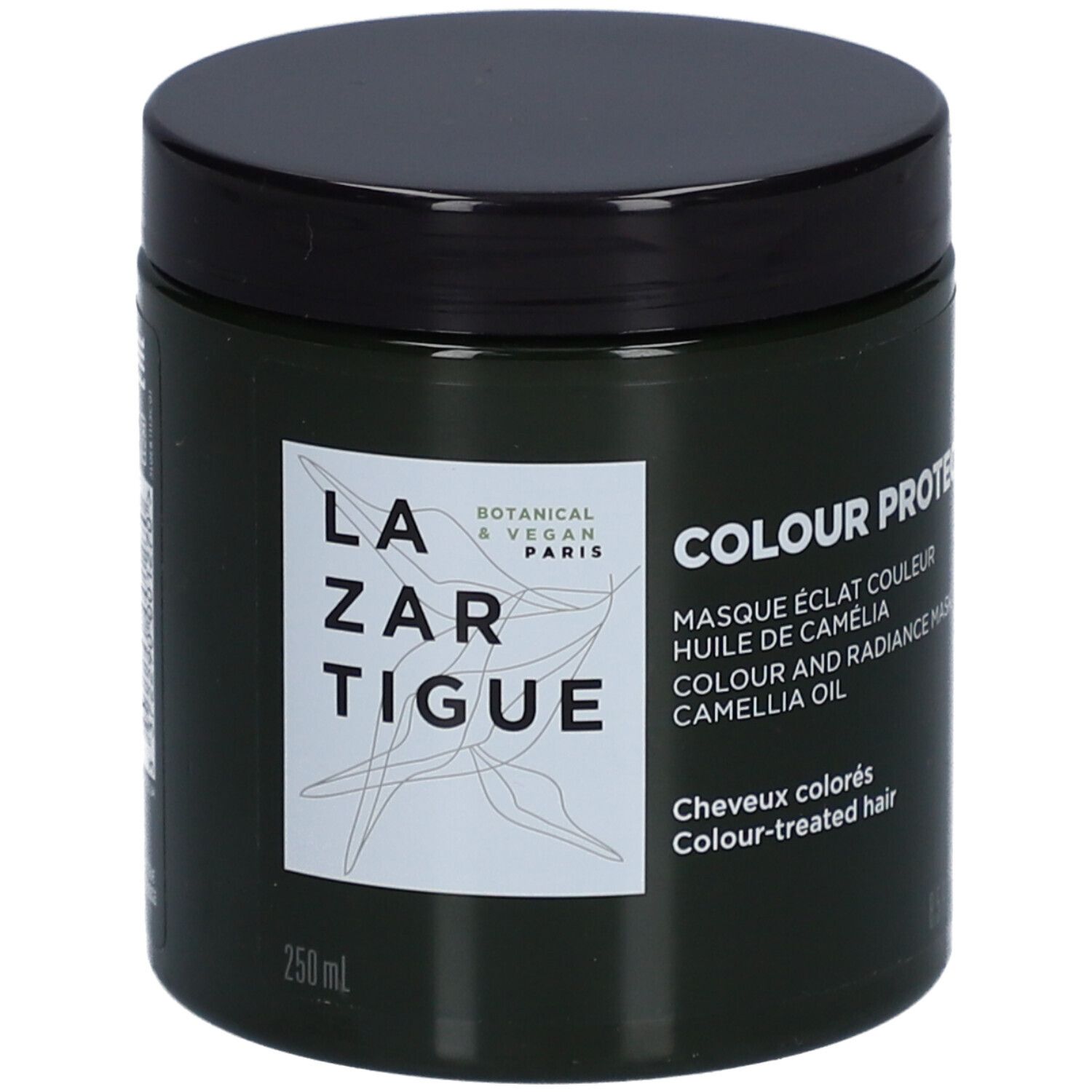 Donkergroene pot met zwart deksel. Label: LAZARTIGUE, COLOUR PROTECT, 250 ml. Voor gekleurd haar.