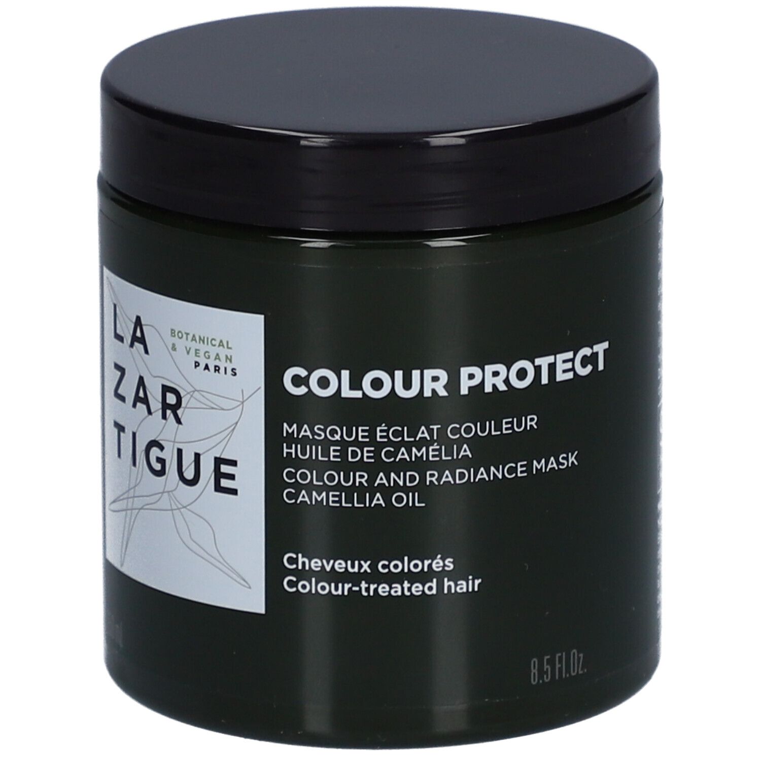 Donkergroene pot met zwart deksel. Label: LAZARTIGUE, COLOUR PROTECT, 8.5 fl.oz. Voor gekleurd haar.