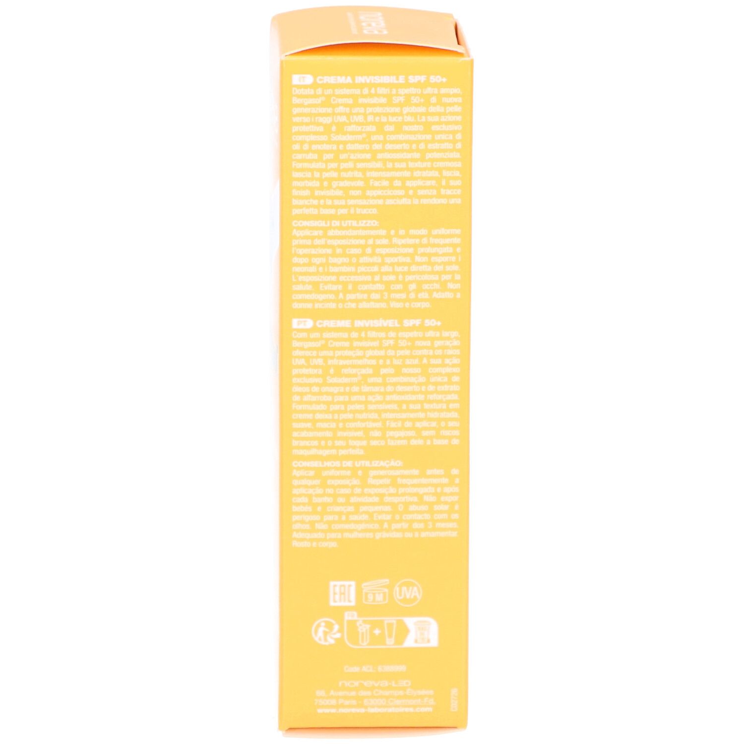 Gelbe Schachtel, Seitenansicht. Text in mehreren Sprachen. Enthält Produktinformationen.