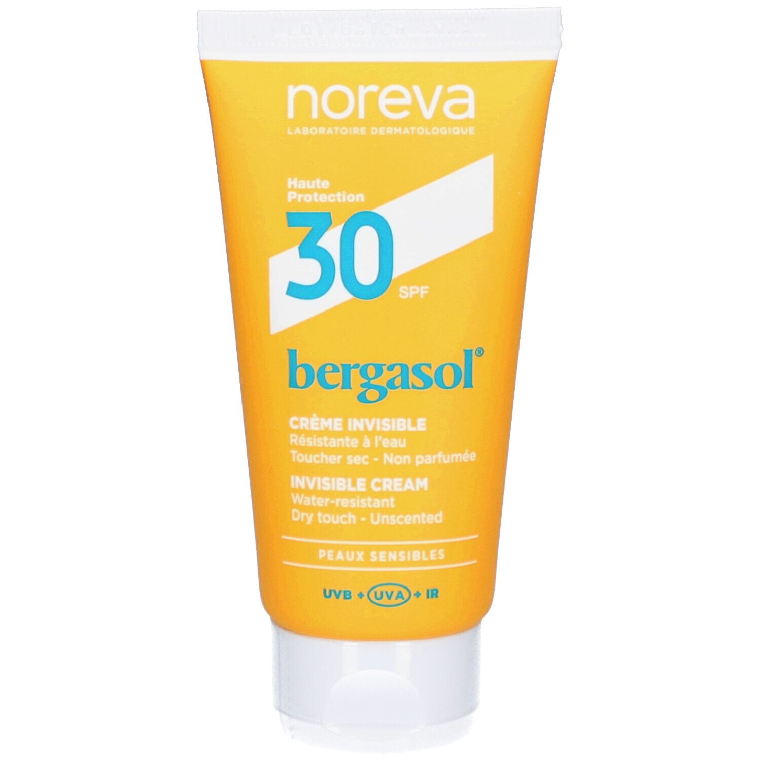 Gelbe Tube mit Sonnencreme. Aufschrift: Noreva, SPF 30, bergasol, Crème Invisible. Wasserfest, trockene Haptik.