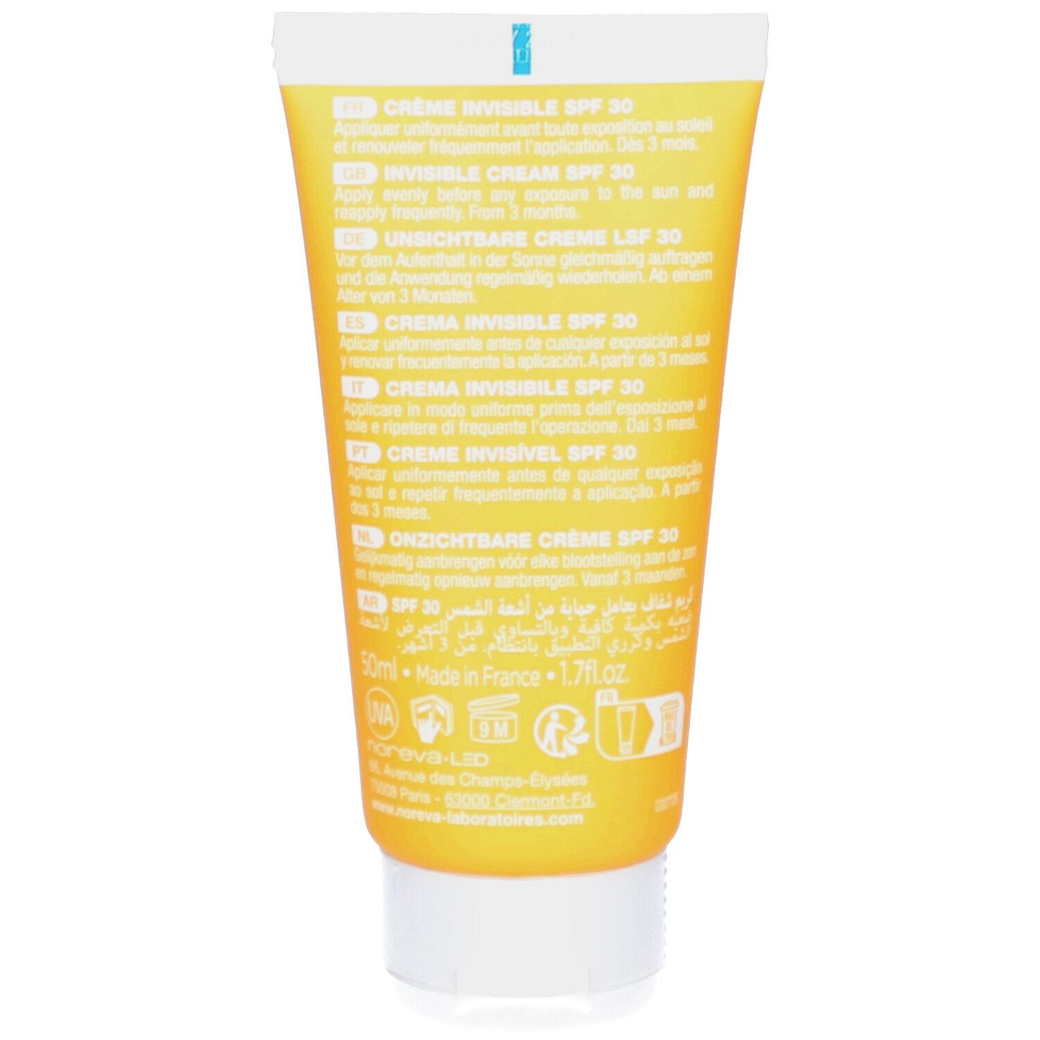 Rückseite einer gelben Tube mit Sonnencreme. Text in mehreren Sprachen. Herstellerinformationen und Logos.