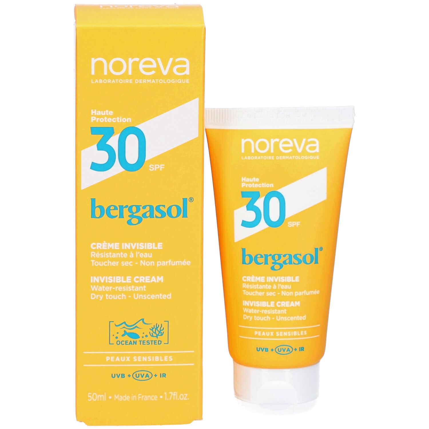 Sonnencreme-Tube und Schachtel. Aufschrift: Noreva, SPF 30, bergasol, Crème Invisible. Gelbe Verpackung.