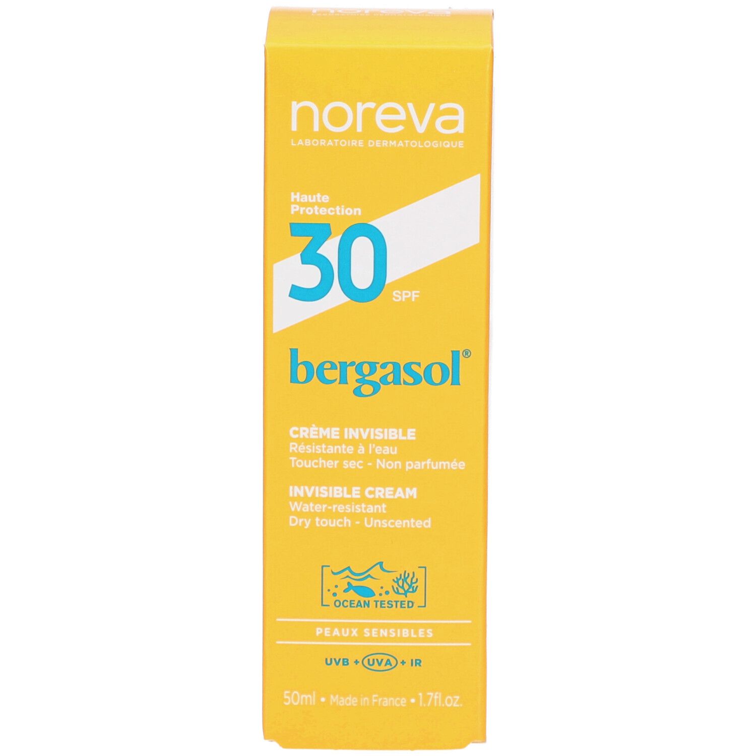 Gelbe Schachtel mit Sonnencreme. Aufschrift: Noreva, SPF 30, bergasol, Crème Invisible. Mit Logo.