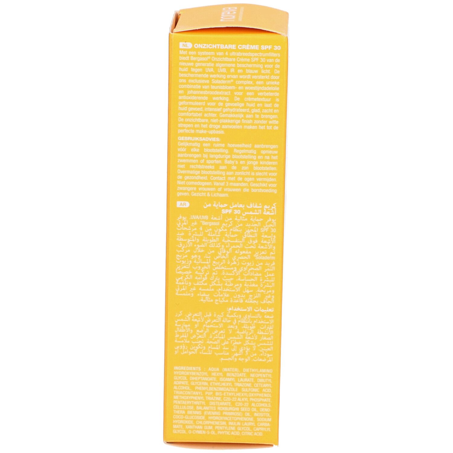 Gelbe Schachtel mit Text. Aufschrift: SPF 30, Crème Invisible. Mehrsprachiger Text. Herstellerinformationen.