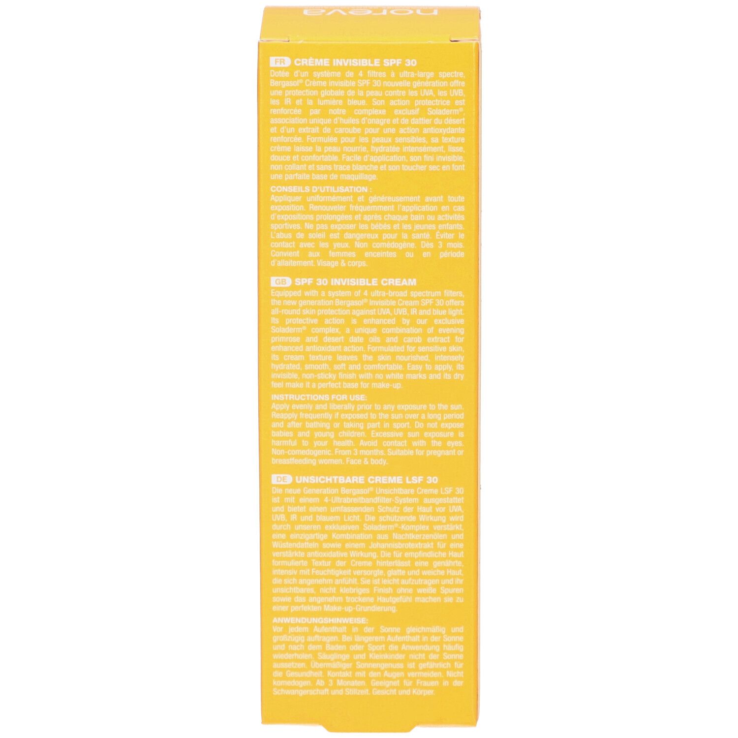 Gelbe Schachtel mit Text. Aufschrift: Crème Invisible SPF 30. Mehrsprachiger Text. Produktinformationen.