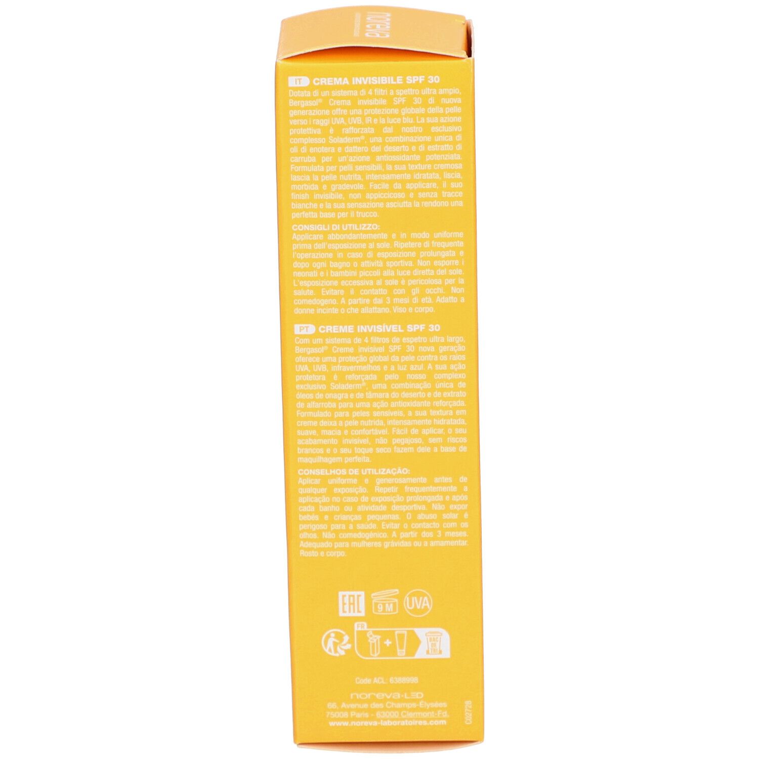 Gelbe Schachtel mit Text. Aufschrift: Crème Invisible SPF 30. Mehrsprachiger Text. Produktinformationen.