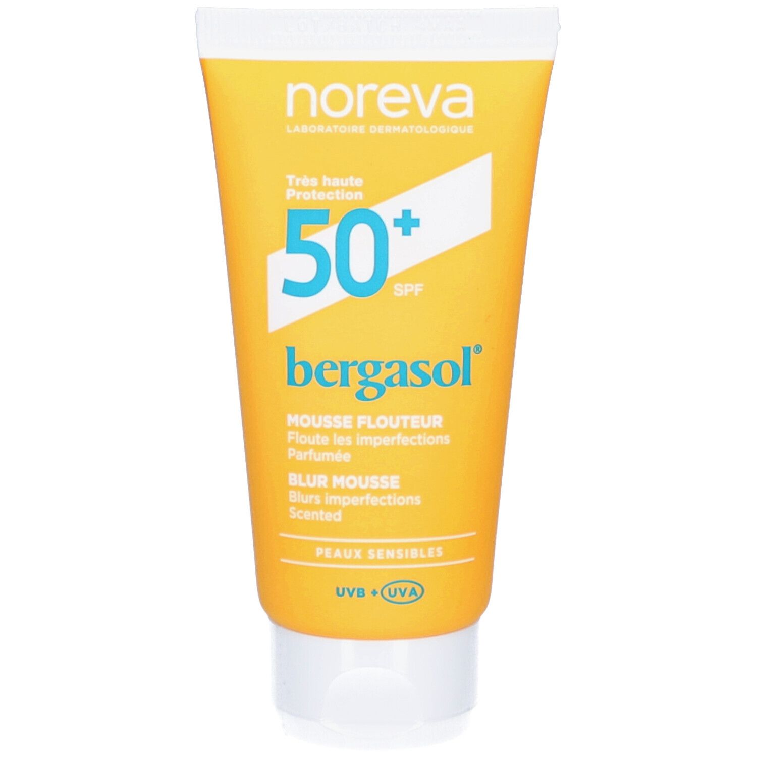Gelbe Tube mit weißem Deckel. Aufschrift: Noreva, 50+ SPF, bergasol, Mousse Flouteur, Blur Mousse, Peaux Sensibles. UVB + UVA.