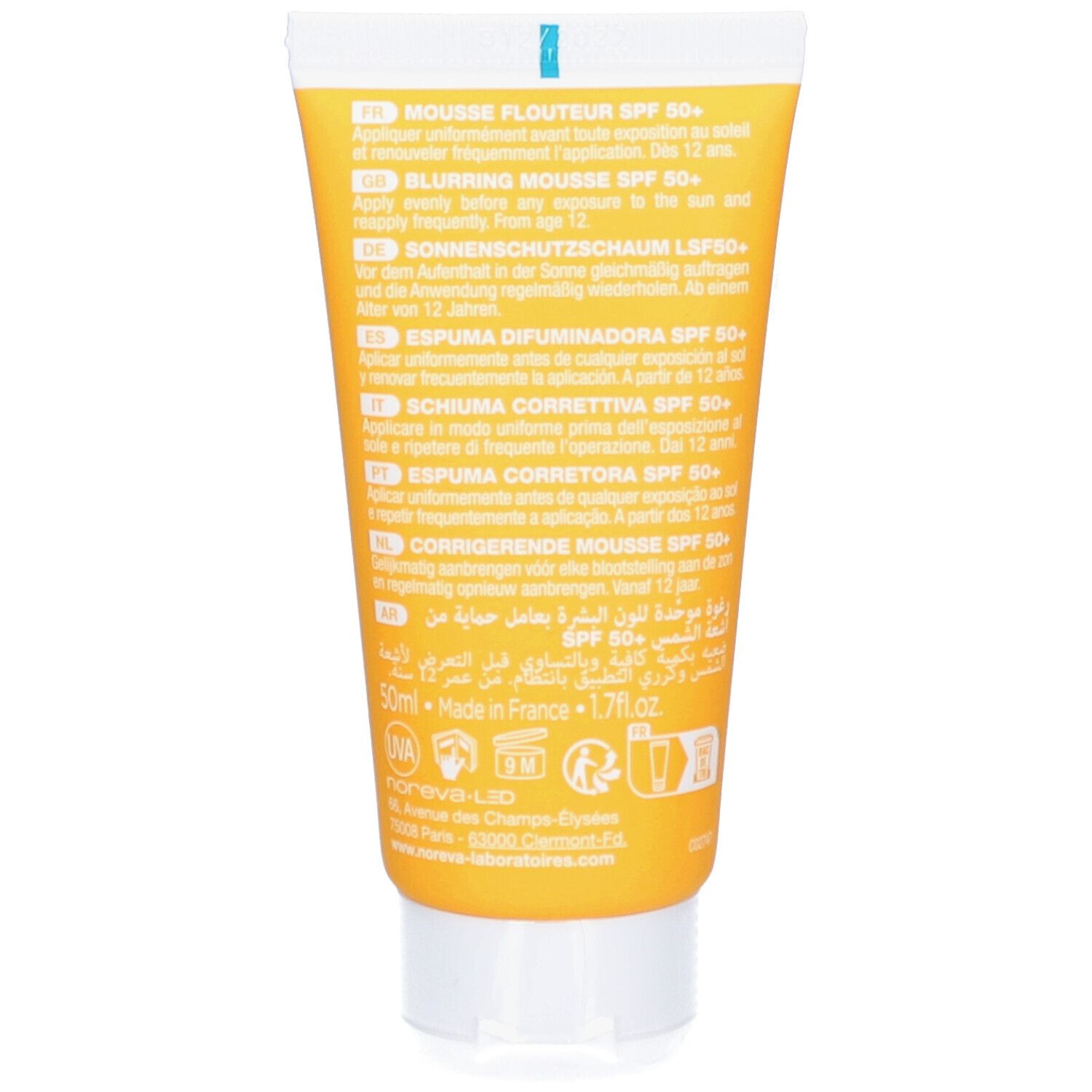 Rückseite einer gelben Tube. Text in mehreren Sprachen. Aufschrift: Mousse Flouteur SPF 50+, Blurring Mousse SPF 50+, Sonnenschutzschaum LSF50+.