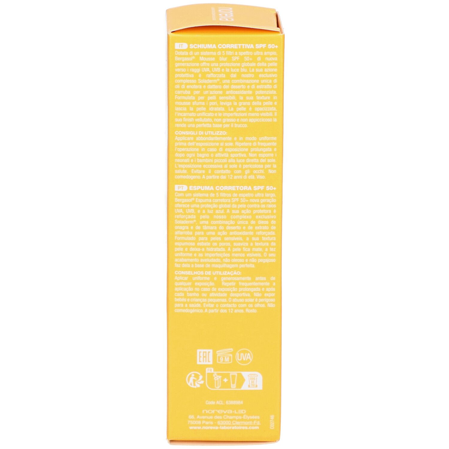 Seite einer gelben Schachtel. Text in mehreren Sprachen. Aufschrift: Mousse Flouteur SPF 50+, Blurring Mousse SPF 50+, Sonnenschutzschaum LSF50+.