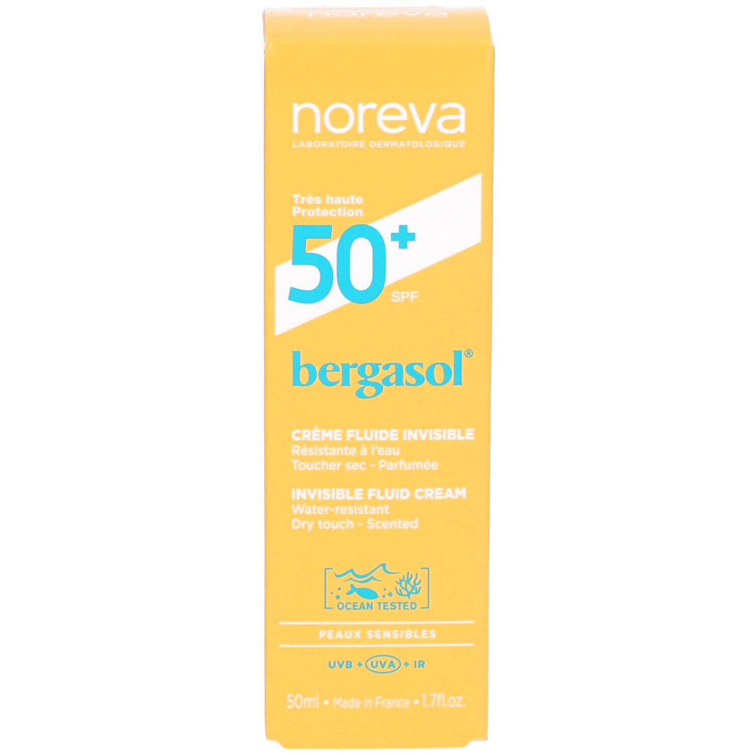 Gelbe Schachtel. Aufschrift: Noreva, SPF 50+, bergasol, Crème Fluide Invisible, Peaux Sensibles. Ocean Tested.