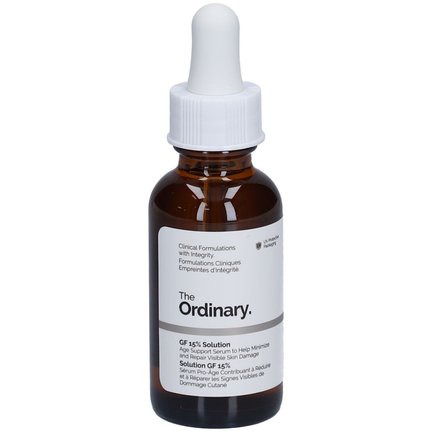 Braune Glasflasche mit weißem Tropfer. Etikett mit Produktinformationen. Marke: The Ordinary. GF 15% Solution Serum.