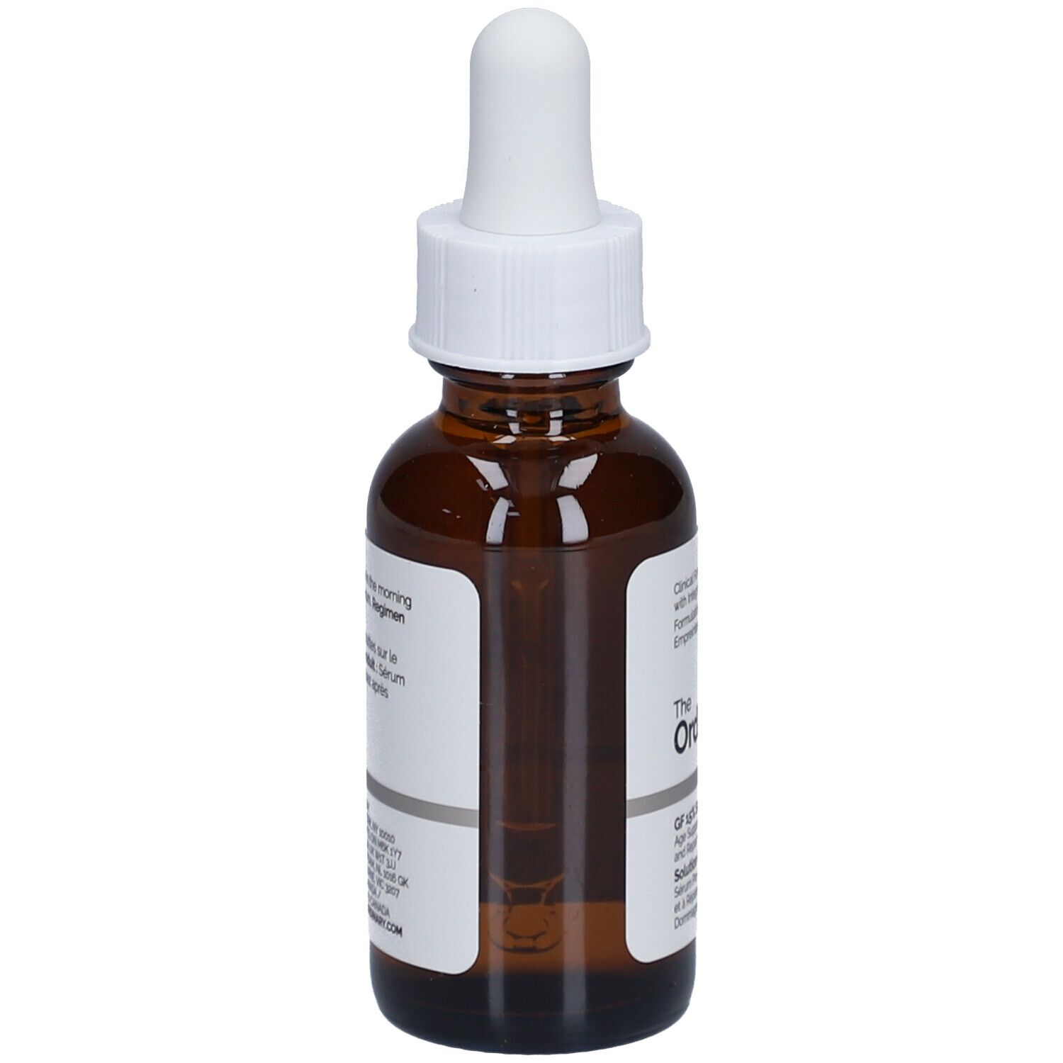 Braune Glasflasche mit weißem Tropfer. Etikett mit Produktinformationen. Marke: The Ordinary. GF 15% Solution Serum.