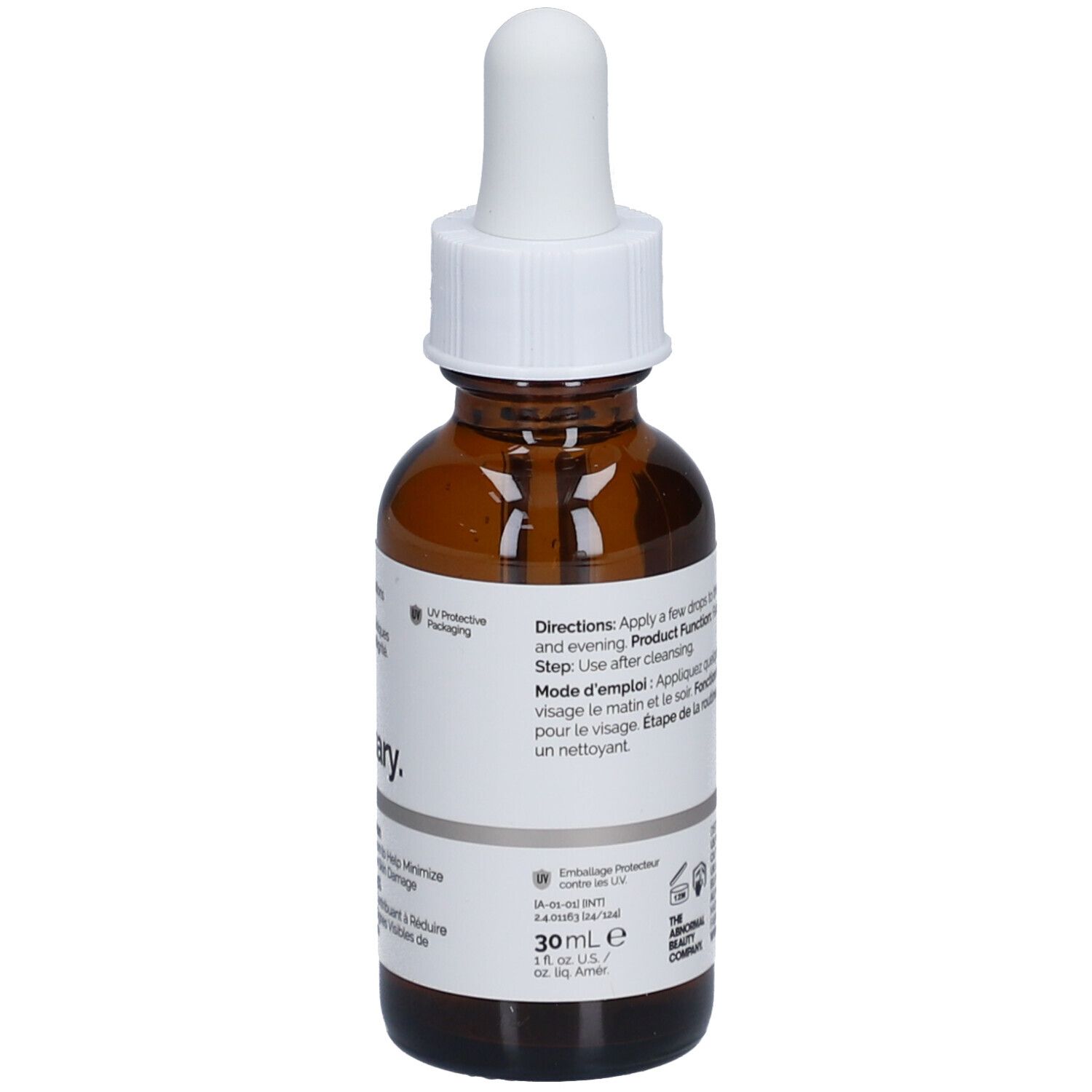 Braune Glasflasche mit weißem Tropfer. Etikett mit Produktinformationen. Marke: The Ordinary. GF 15% Solution Serum.