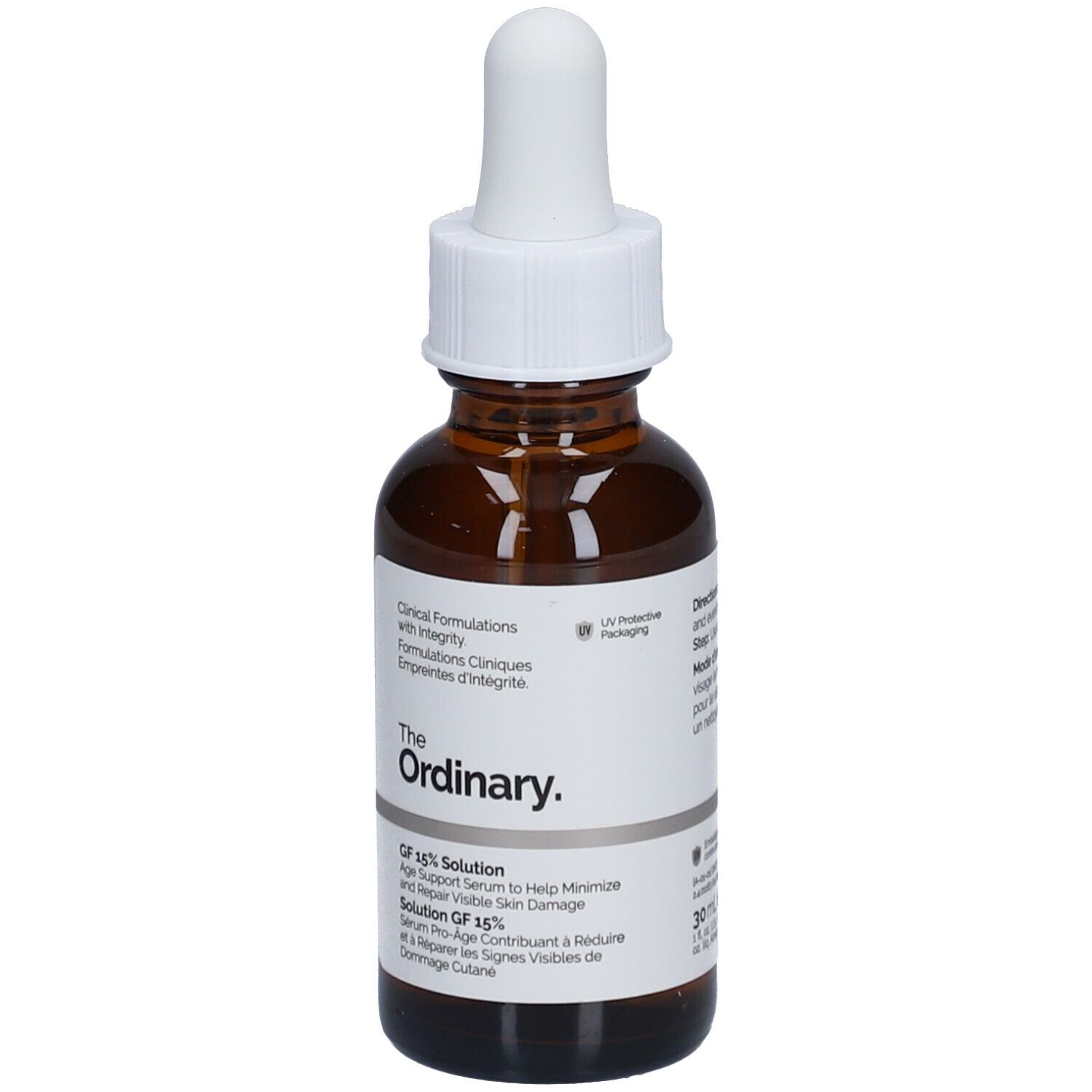 Braune Glasflasche mit weißem Tropfer. Etikett mit Produktinformationen. Marke: The Ordinary. GF 15% Solution Serum.