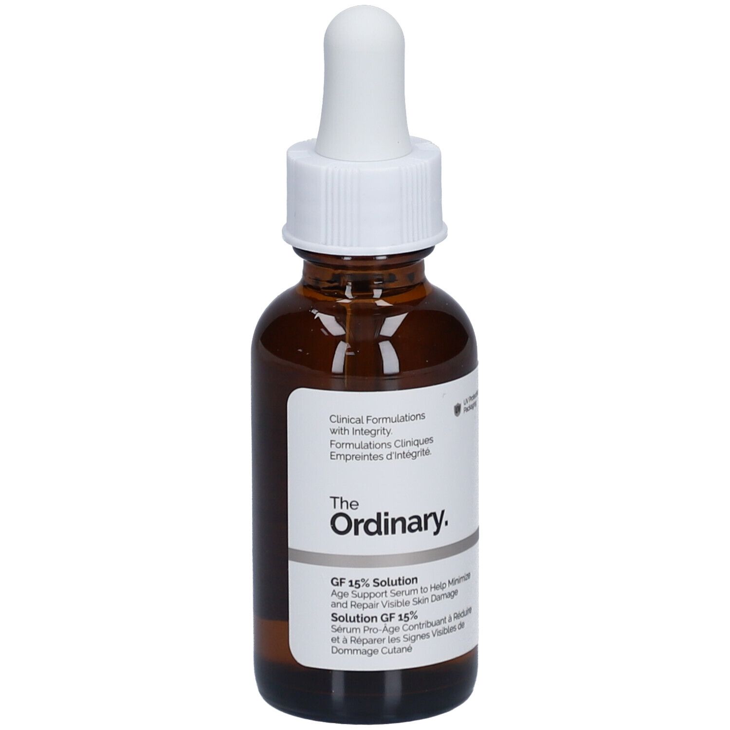 Braune Glasflasche mit weißem Tropfer. Etikett mit Produktinformationen. Marke: The Ordinary. GF 15% Solution Serum.