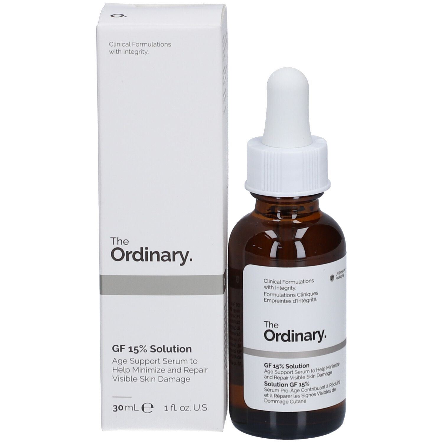 Braune Glasflasche mit weißem Tropfer und Produktverpackung. Marke: The Ordinary. GF 15% Solution Serum.