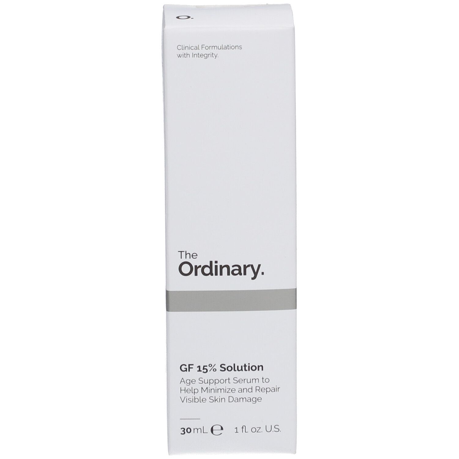 Produktverpackung. Marke: The Ordinary. GF 15% Solution Serum. Mit Produktinformationen.