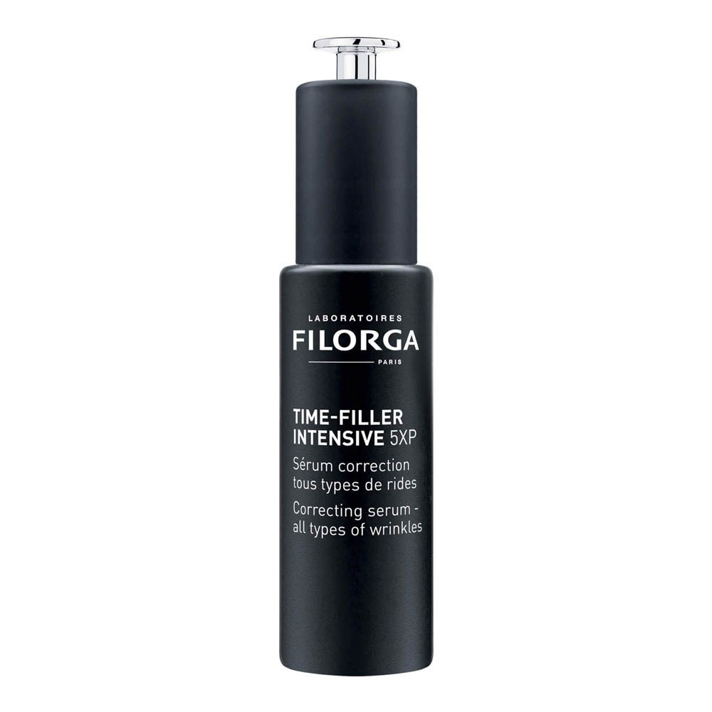 Filorga Time-Filler Intensive 5XP Serum-Flasche. Schwarze Flasche mit silbernem Deckel. Produktname und Details.