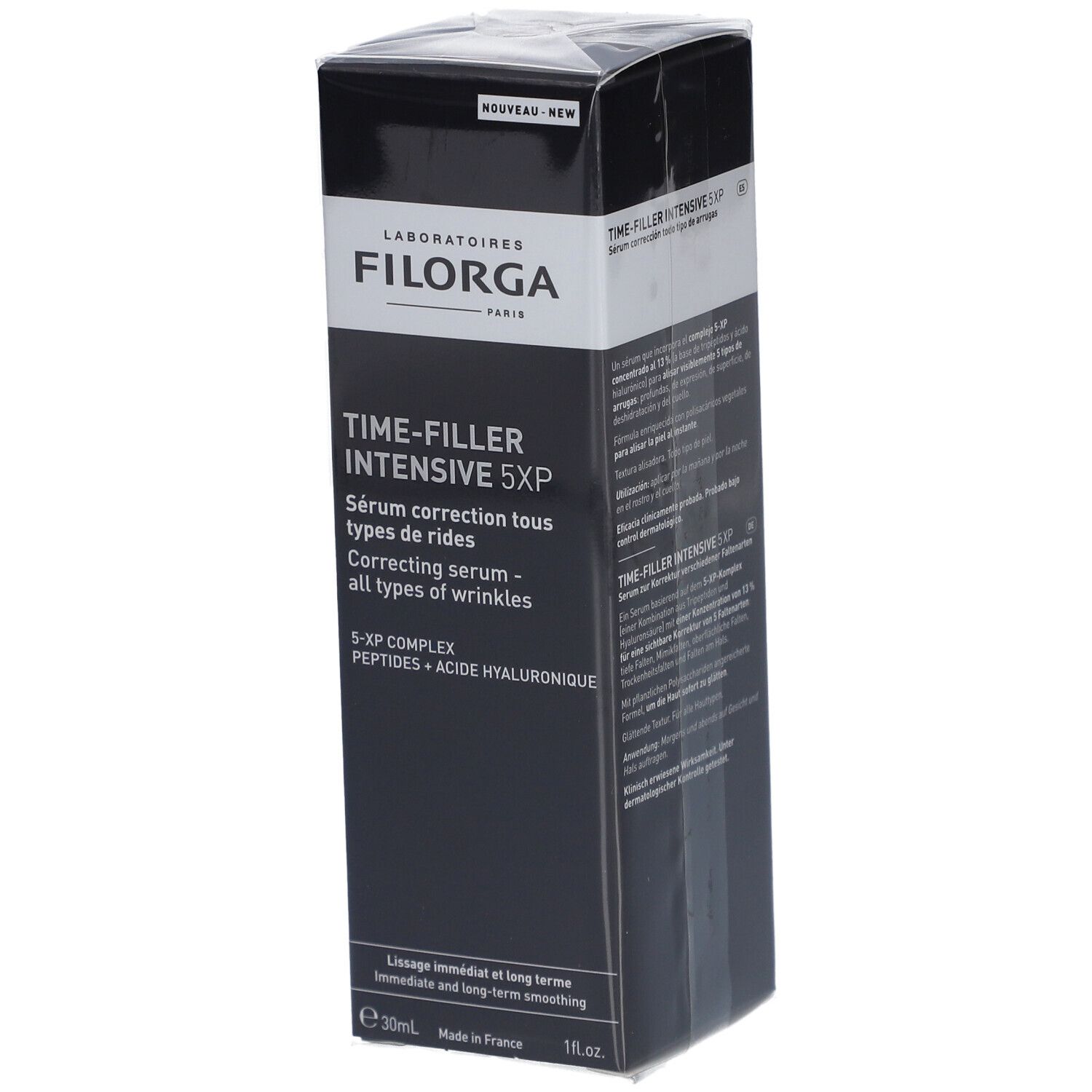 Zwarte Filorga-verpakking. Productnaam: Time-Filler Intensive 5XP Sérum. Tekst in het Frans en Engels. Label 'Nieuw'.