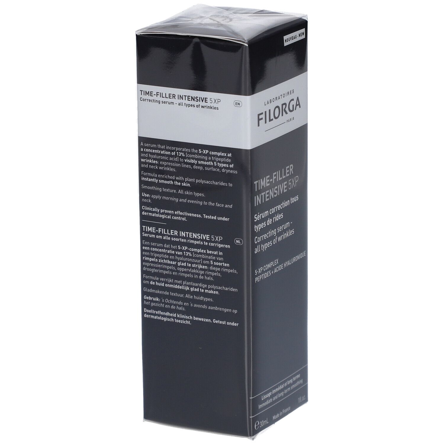 Zwarte Filorga-verpakking. Productnaam: Time-Filler Intensive 5XP Sérum. Tekst in het Frans en Engels. Detailweergave.