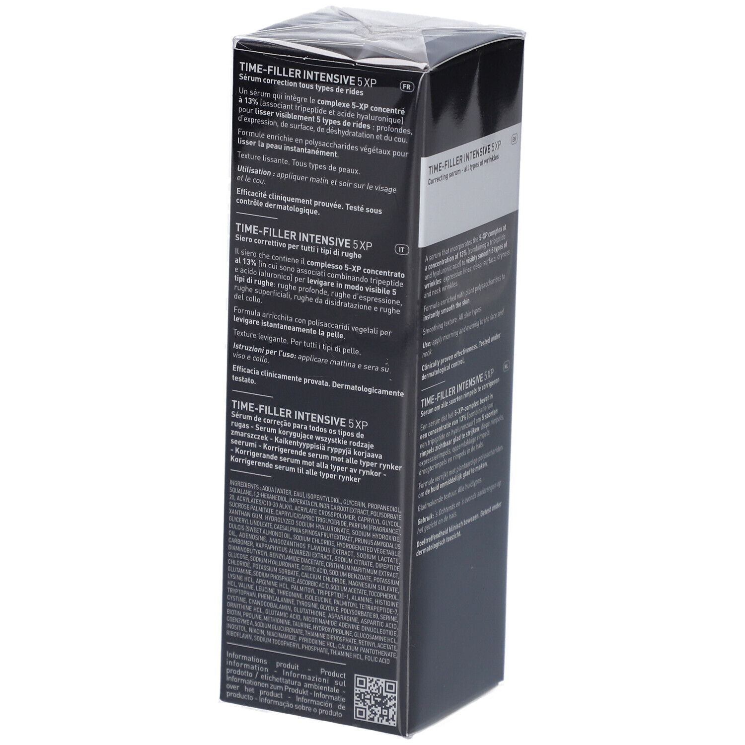 Zwarte Filorga-verpakking. Productnaam: Time-Filler Intensive 5XP Sérum. Tekst in het Frans en Engels. Detailweergave.