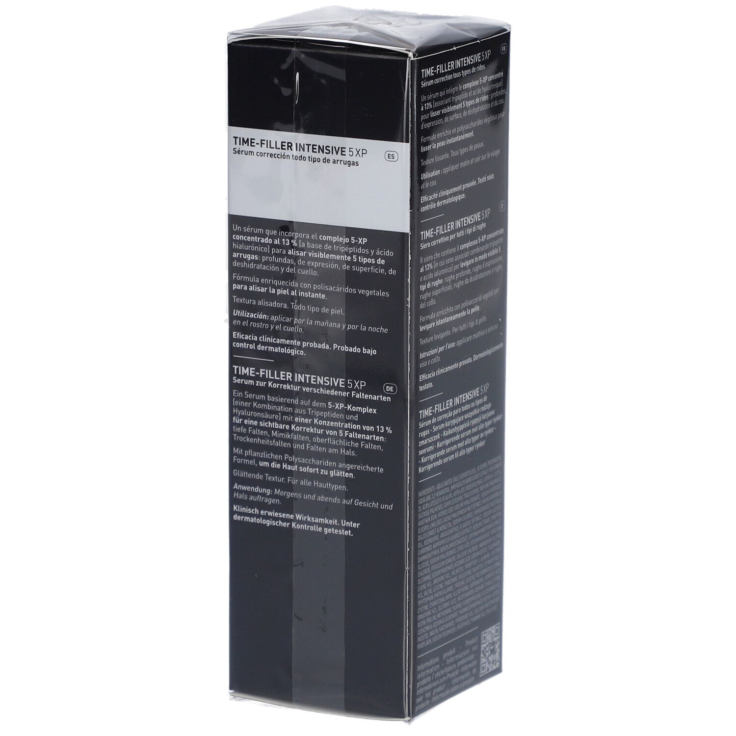 Zwarte Filorga-verpakking. Productnaam: Time-Filler Intensive 5XP Sérum. Tekst in het Frans en Engels. Detailweergave.