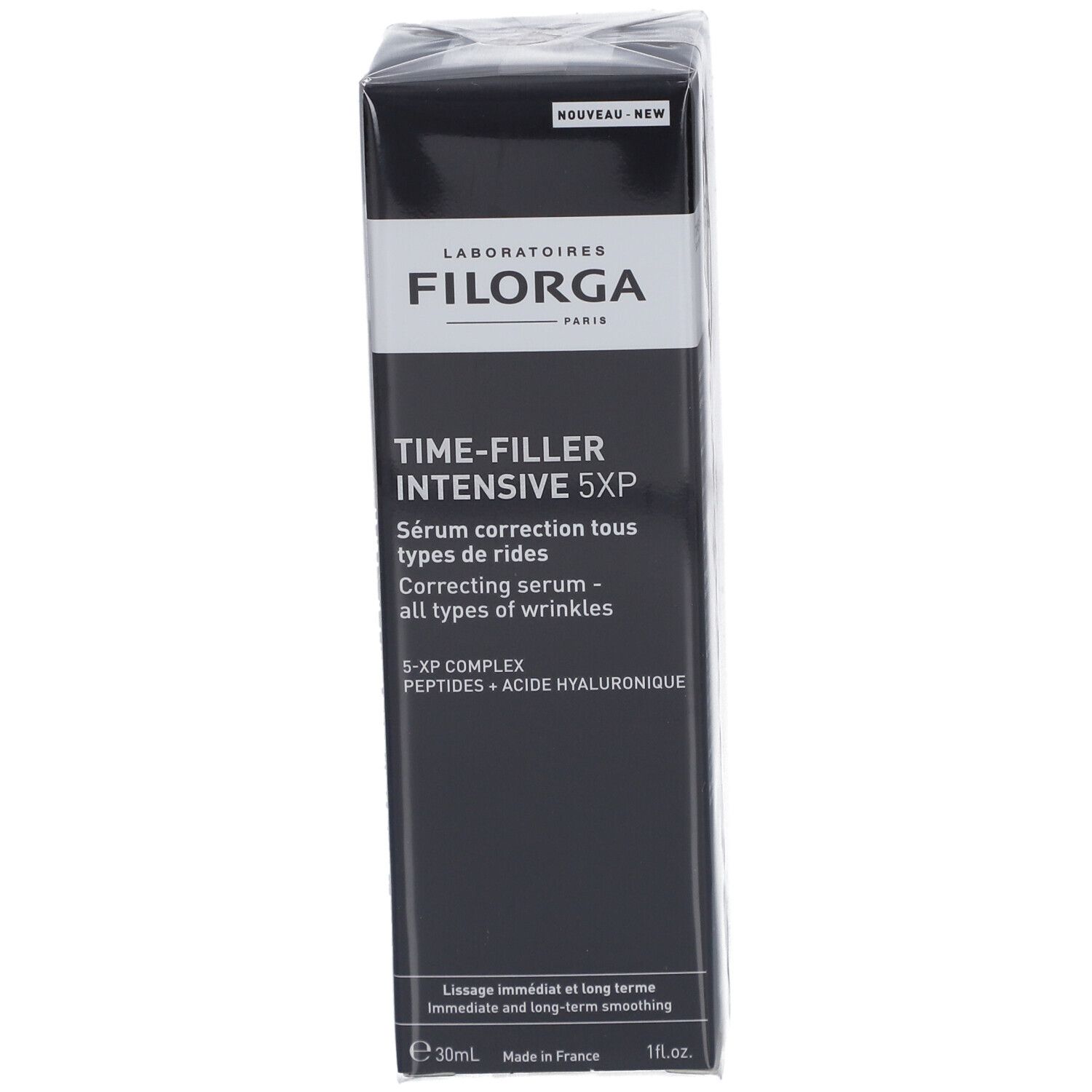 Zwarte Filorga-verpakking. Productnaam: Time-Filler Intensive 5XP Sérum. Tekst in het Frans en Engels. Label 'Nieuw'.