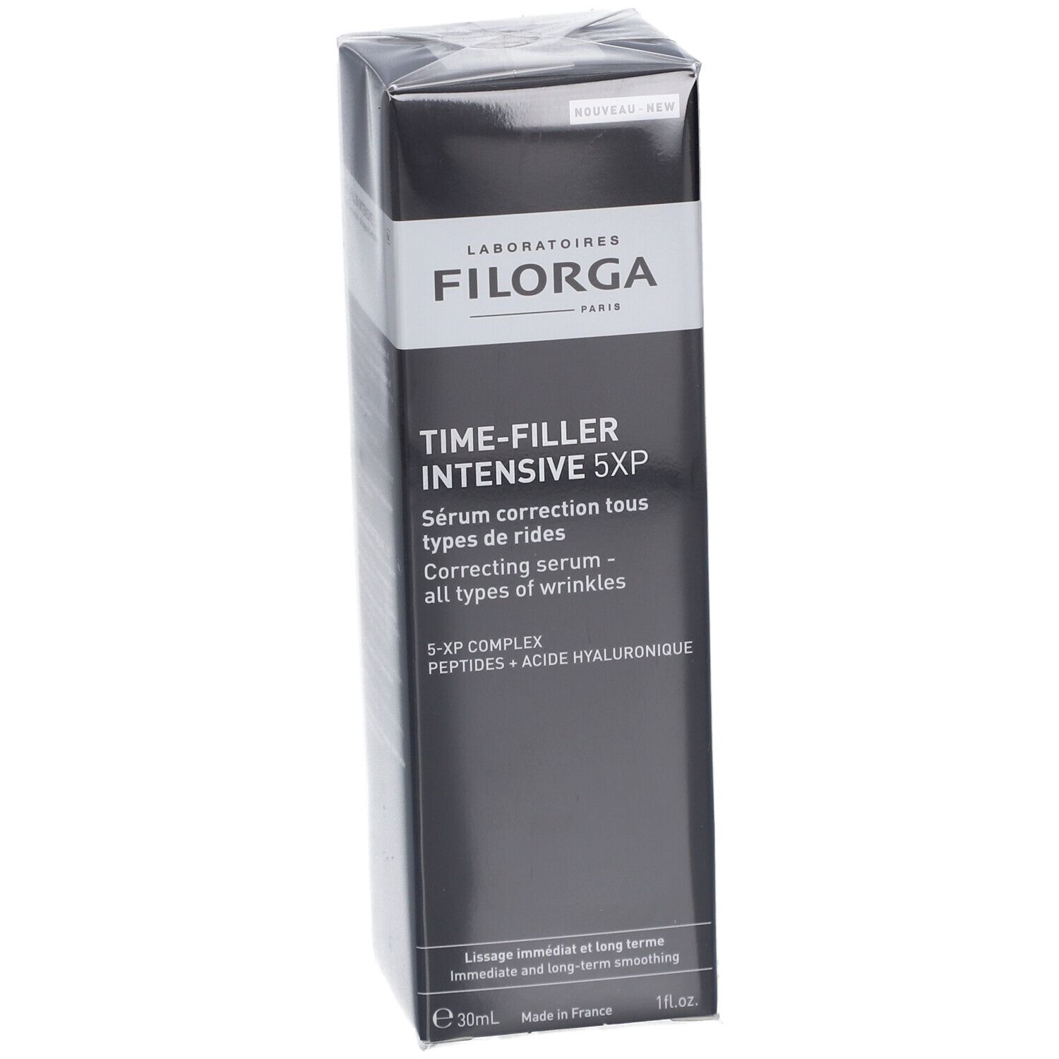 Zwarte Filorga-verpakking. Productnaam: Time-Filler Intensive 5XP Sérum. Tekst in het Frans en Engels. Detailweergave.