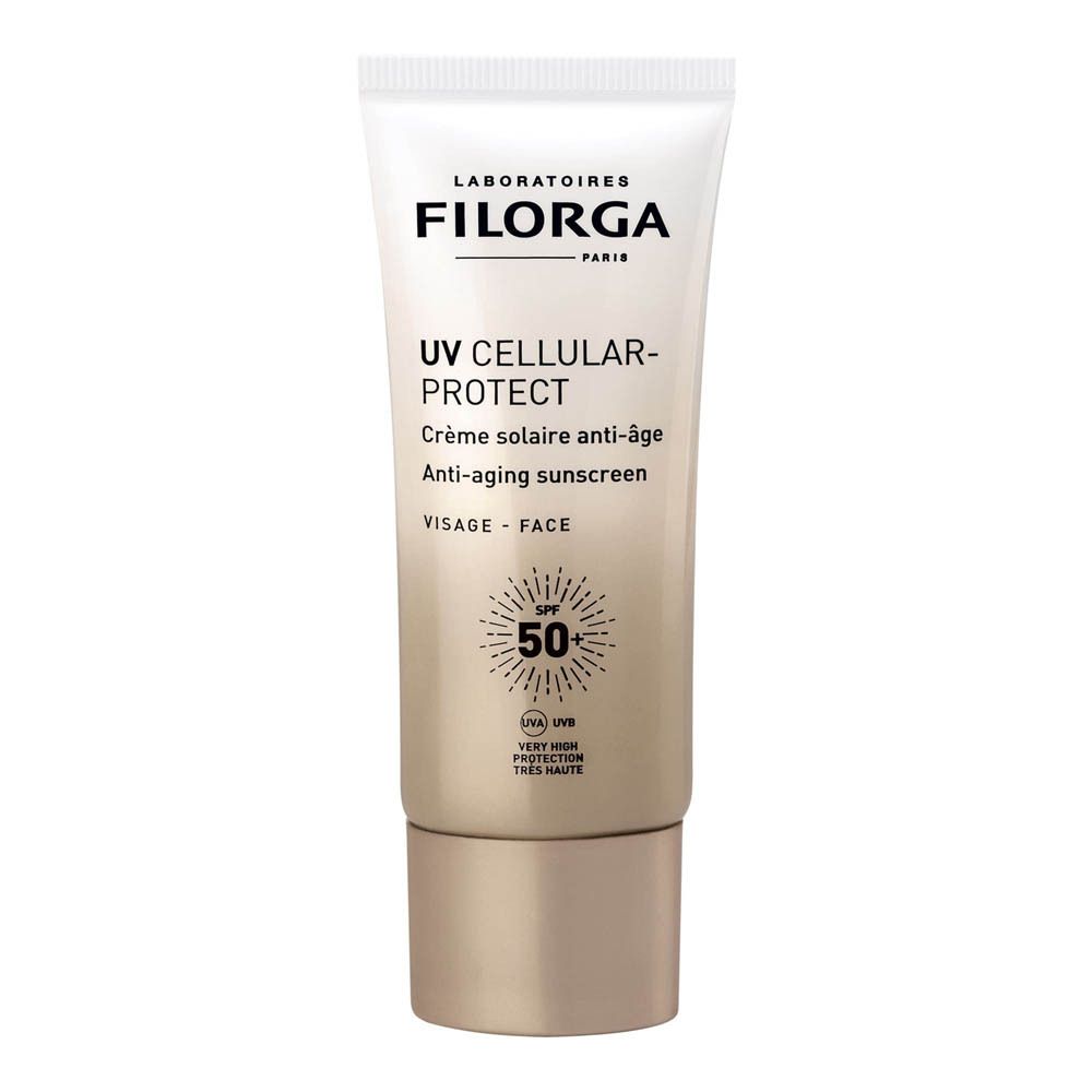 Filorga UV-Cellular Protect Sonnencreme LSF 50. Tube mit Produktinformationen. Marke und Produktname deutlich sichtbar.