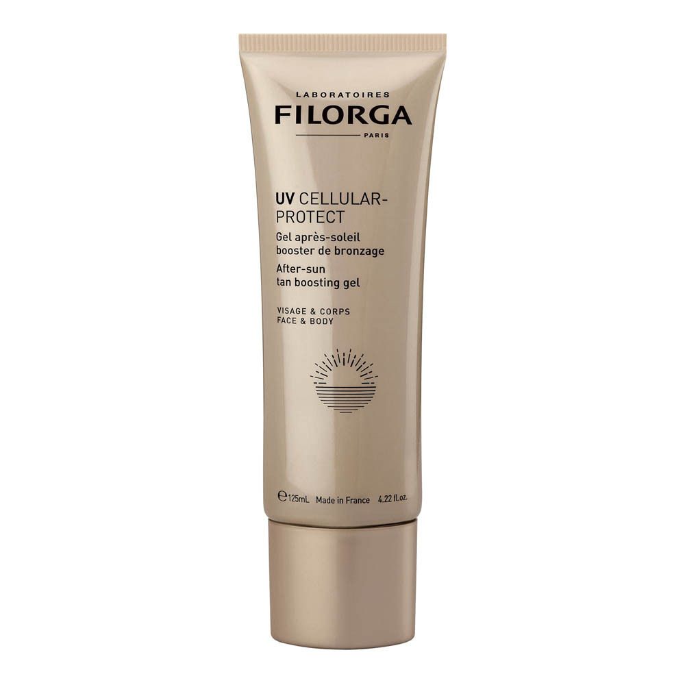 Beige Tube mit Produkttexten. Aufschrift: UV Cellular-Protect, Gel après-soleil booster de bronzage, After-sun tan boosting gel. Marke: Filorga.