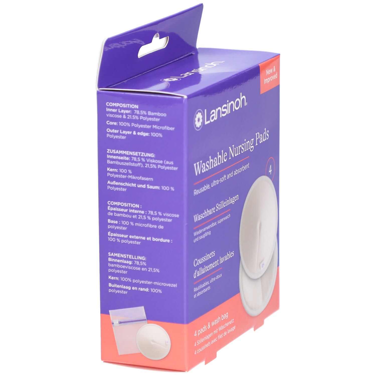 Verpackung mit 4 waschbaren Stilleinlagen. Marke Lansinoh. Rückseite mit Produktinformationen und Inhaltsstoffen.