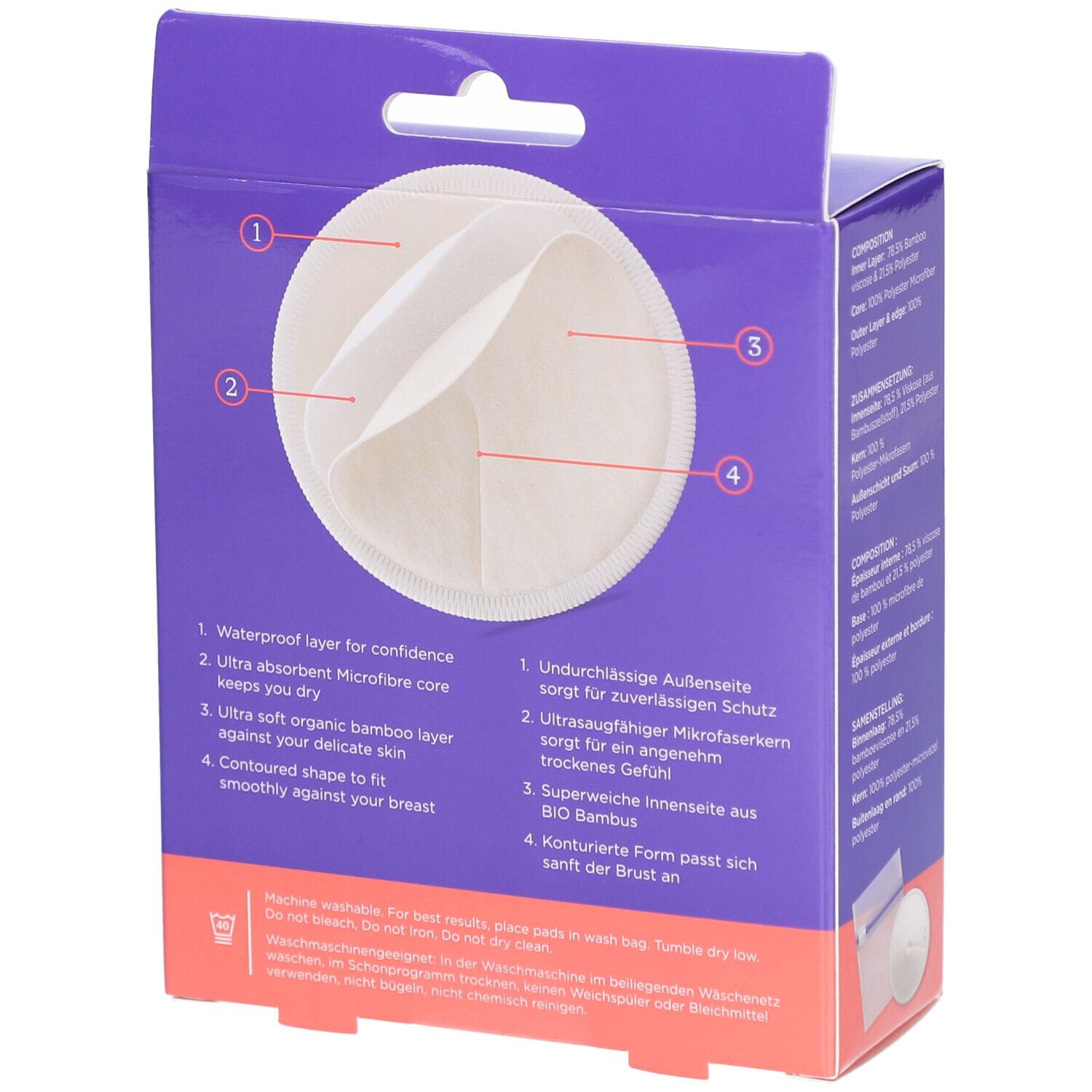 Rückseite der Verpackung mit Illustrationen der waschbaren Stilleinlagen. Beschreibungen in Deutsch und Englisch.