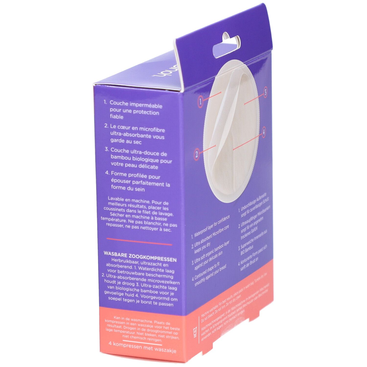 Verpackung mit Illustrationen der waschbaren Stilleinlagen. Beschreibungen in Deutsch, Englisch, Französisch und Niederländisch.