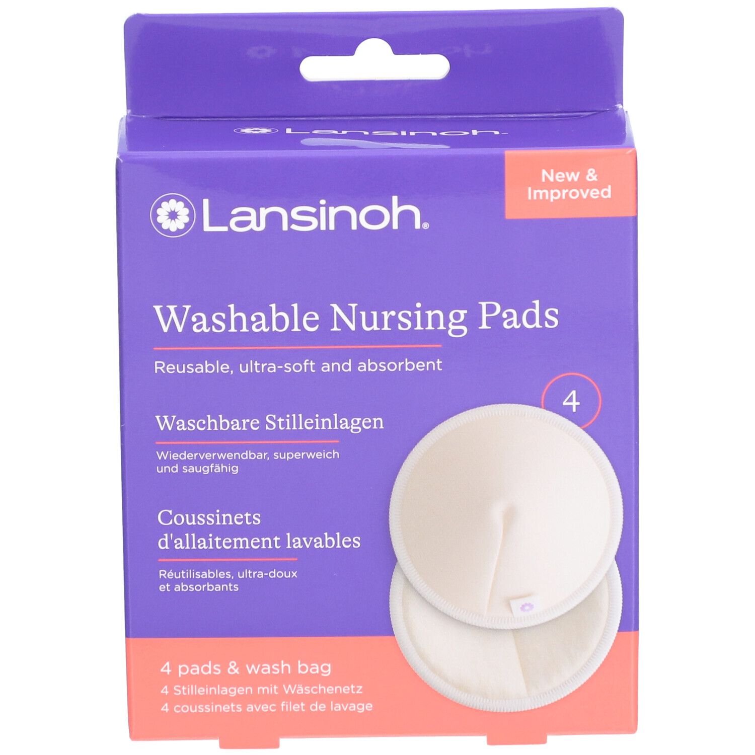 Verpackung mit 4 waschbaren Stilleinlagen. Marke Lansinoh. Wiederverwendbar, ultraweich und saugfähig. Mit Waschbeutel.