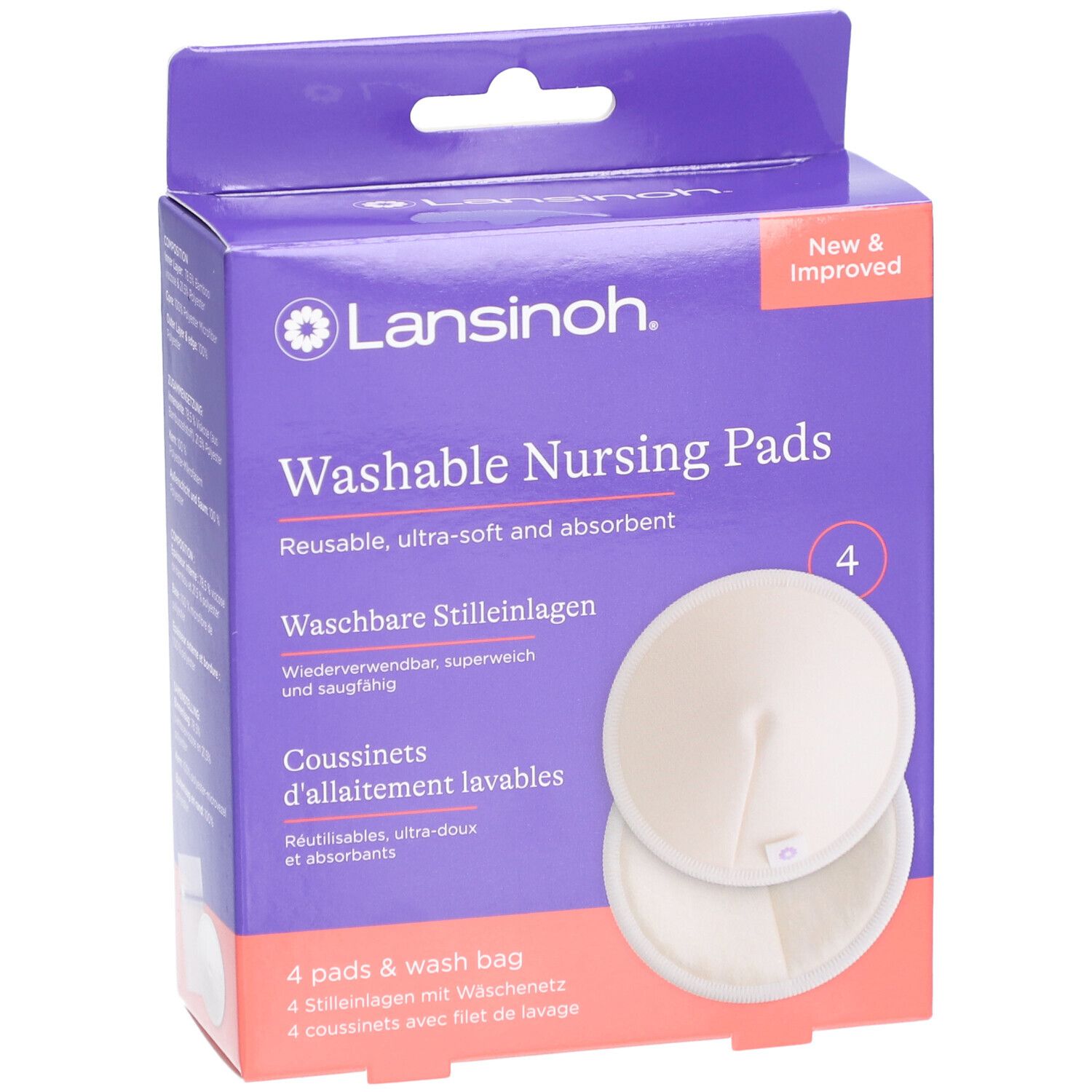 Verpackung mit 4 waschbaren Stilleinlagen. Marke Lansinoh. Wiederverwendbar, ultraweich und saugfähig. Mit Waschbeutel.