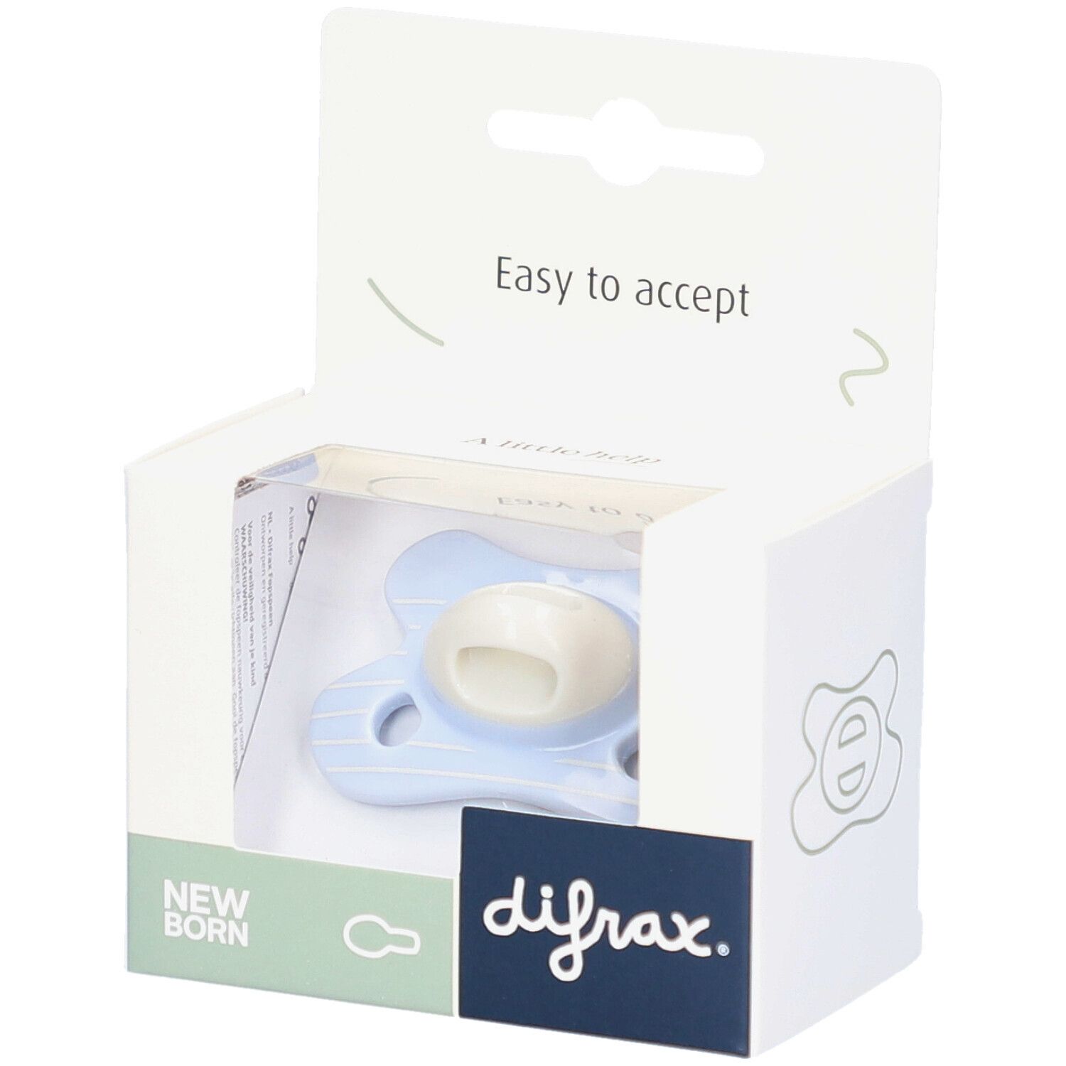 Blauer Schnuller in Verpackung. Marke Difrax. Text: Easy to accept, Newborn.