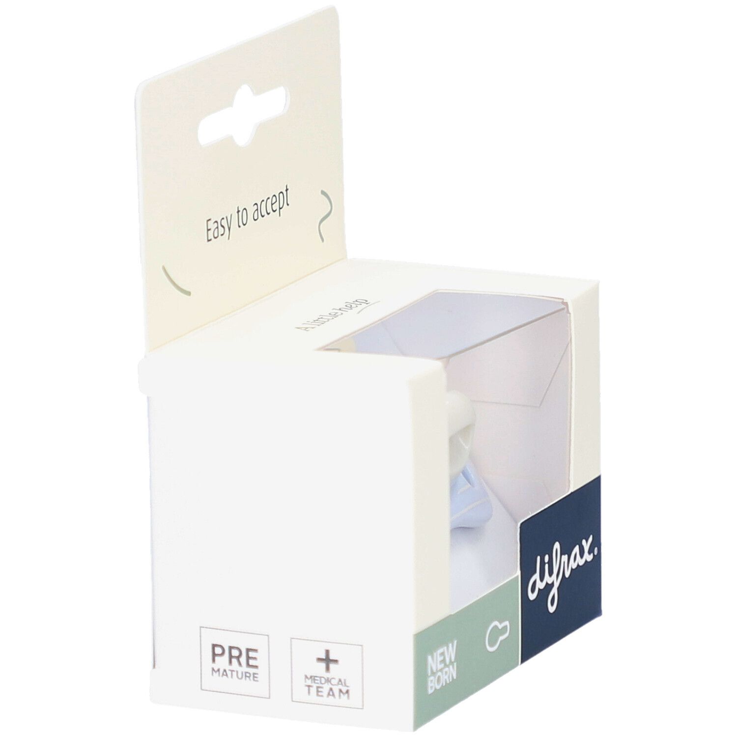 Verpackung mit blauem Schnuller. Marke Difrax. Text: Easy to accept, Premature, Newborn.