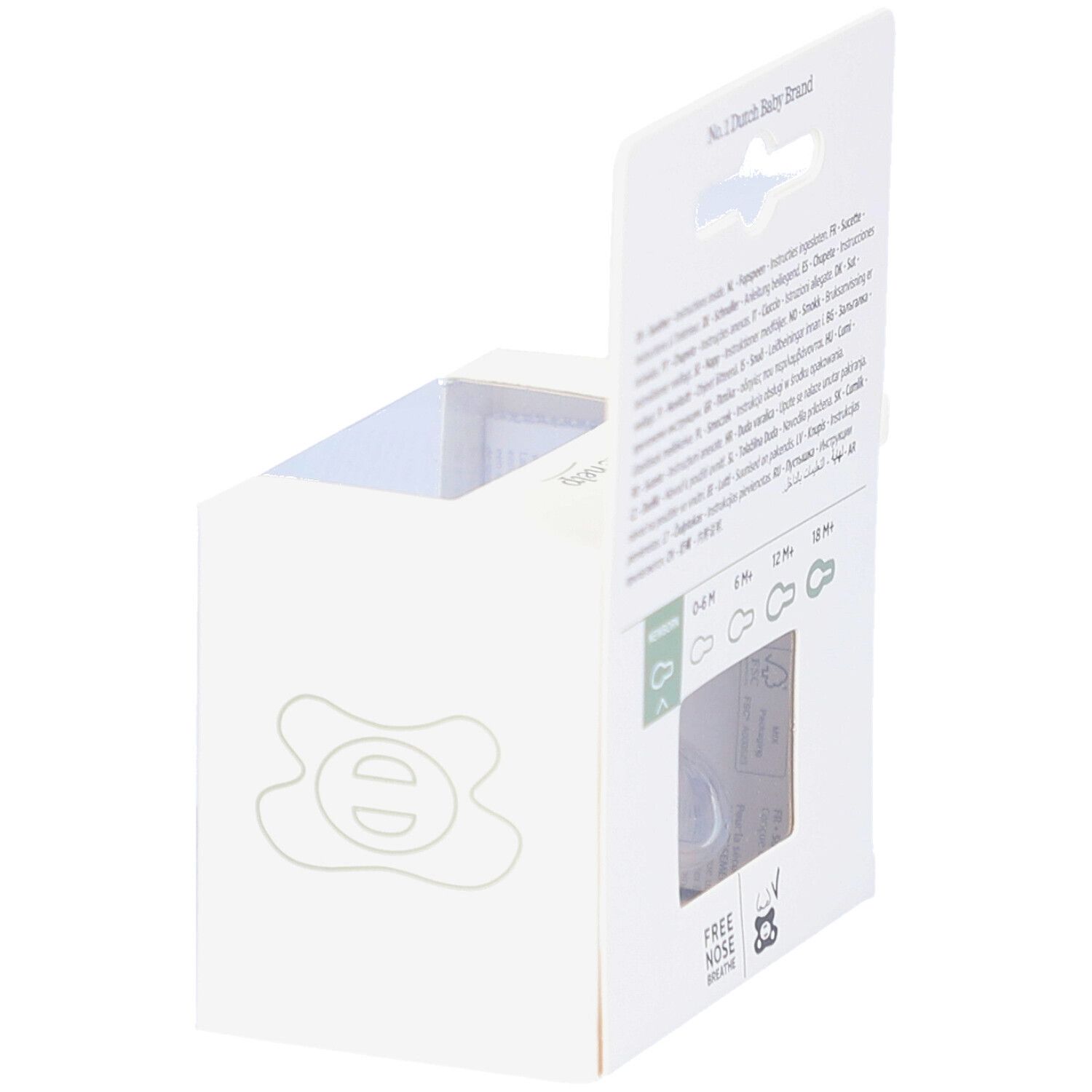 Verpackung mit Schnuller. Text: No. 1 Dutch Baby Brand, Free Nose Breathe.