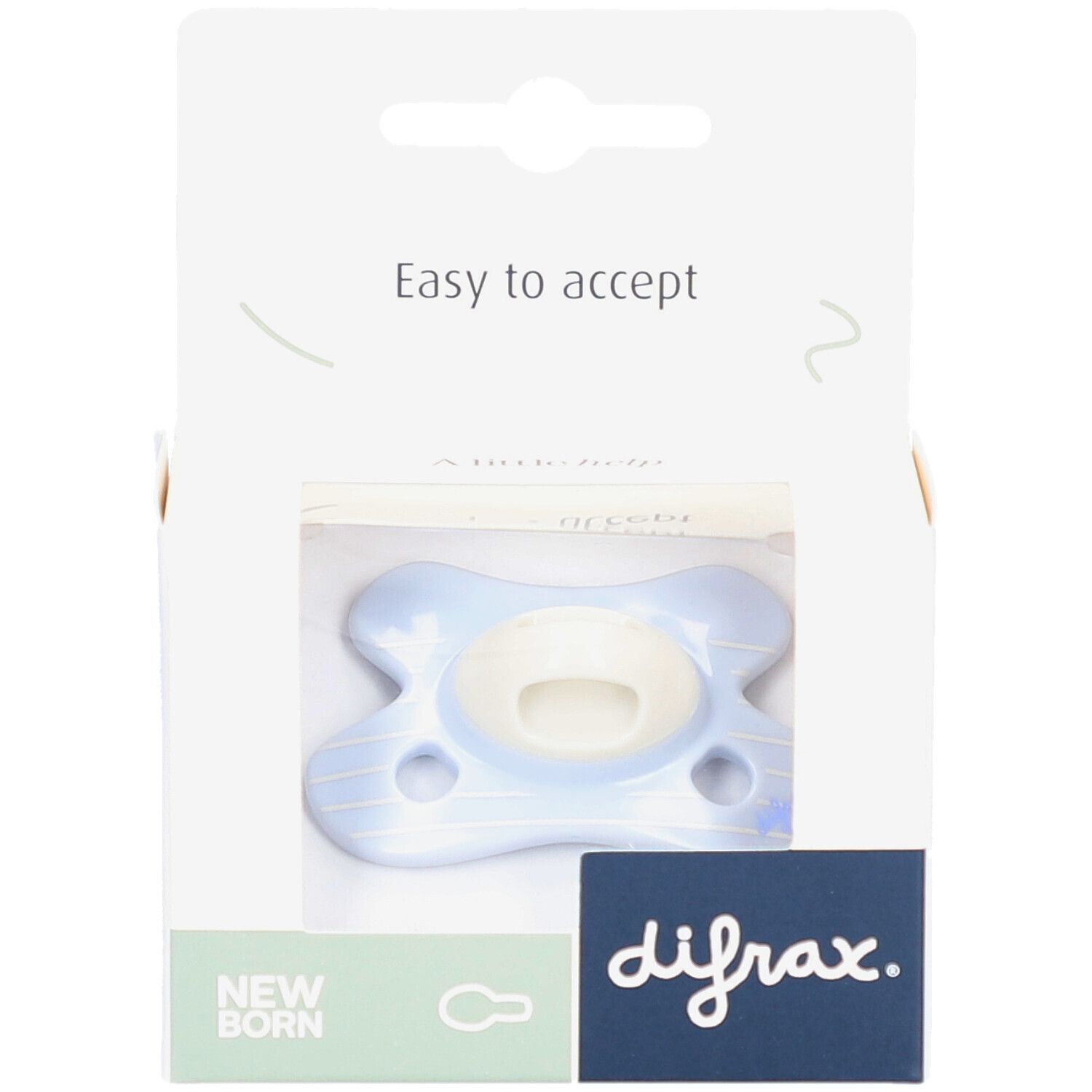 Blauer Schnuller in Verpackung. Marke Difrax. Text: Easy to accept, Newborn.
