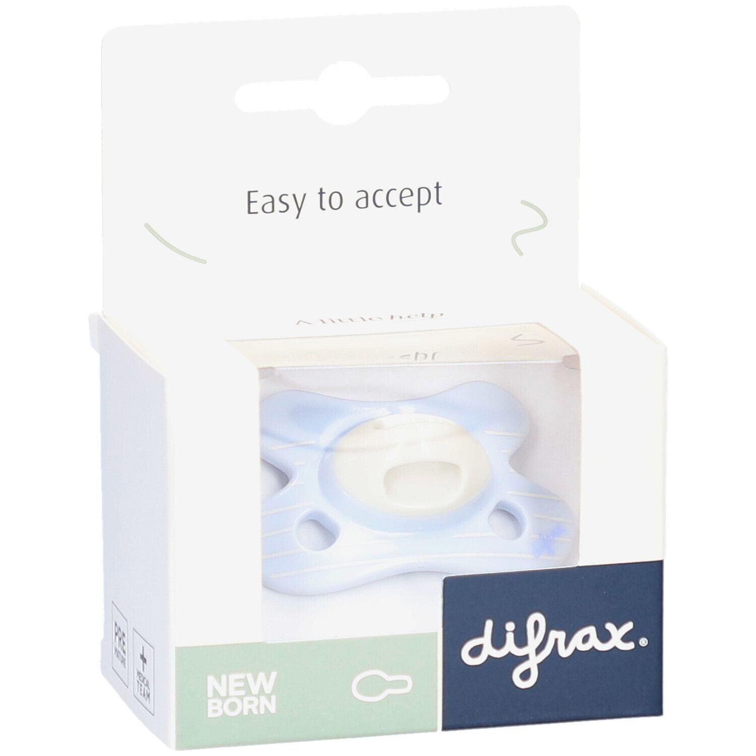 Blauer Schnuller in Verpackung. Marke Difrax. Text: Easy to accept, Newborn.