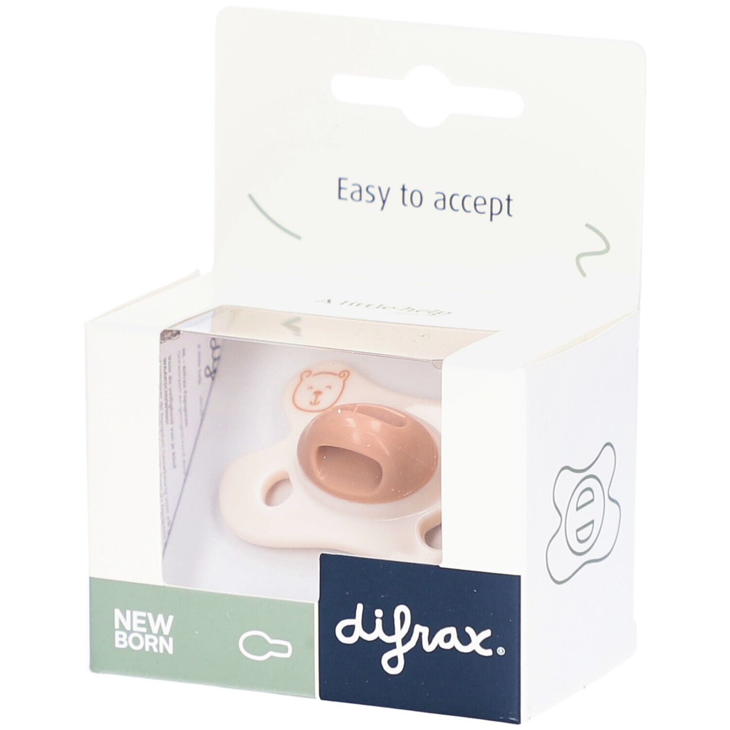 Schnuller in Verpackung. Weiß-rosa, mit Bär-Motiv. Marke: difrax. Aufschrift: New Born, Easy to accept.