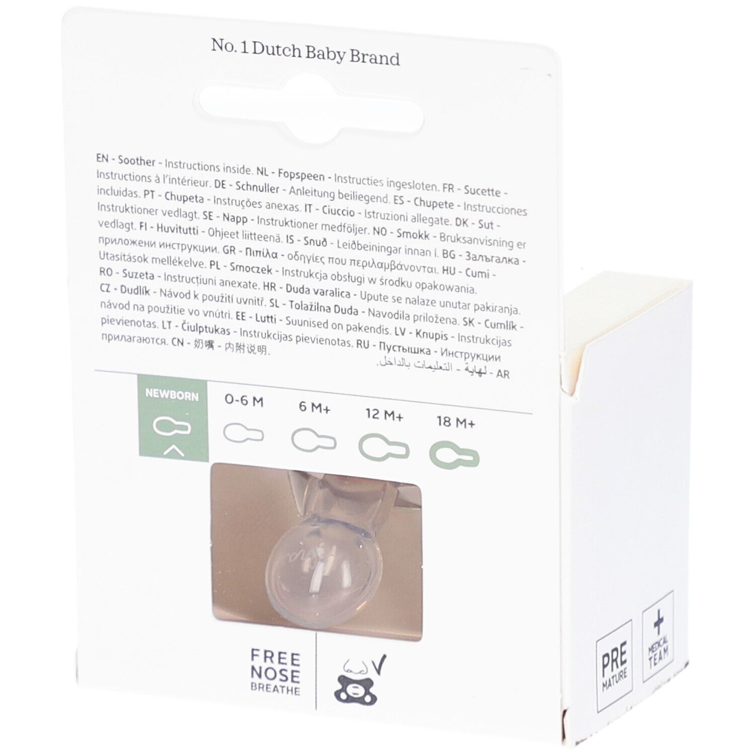Rückseite der Verpackung. Schnuller sichtbar. Aufschrift: No. 1 Dutch Baby Brand, Newborn, Free Nose Breathe.