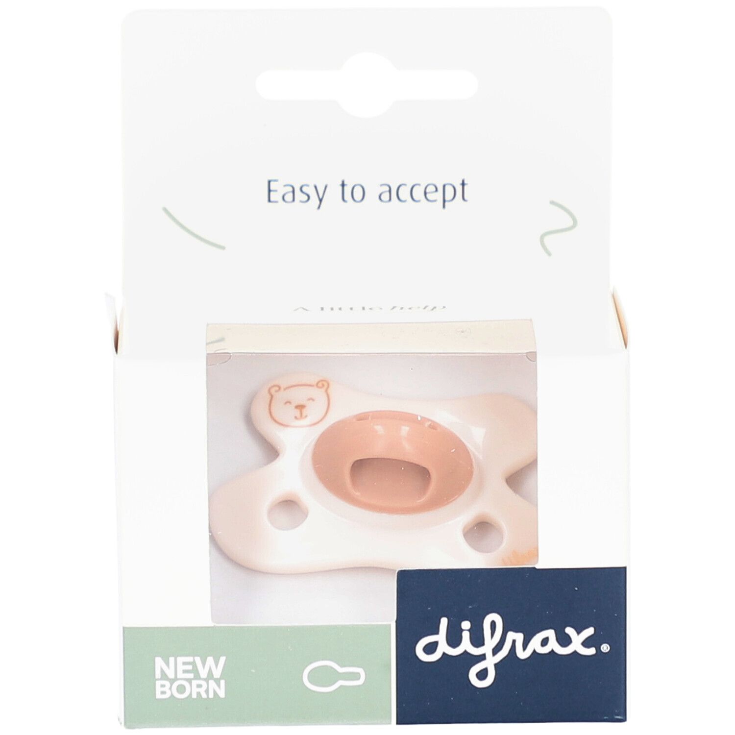 Schnuller in Verpackung. Weiß-rosa, mit Bär-Motiv. Marke difrax. Aufschrift: New Born, Easy to accept.