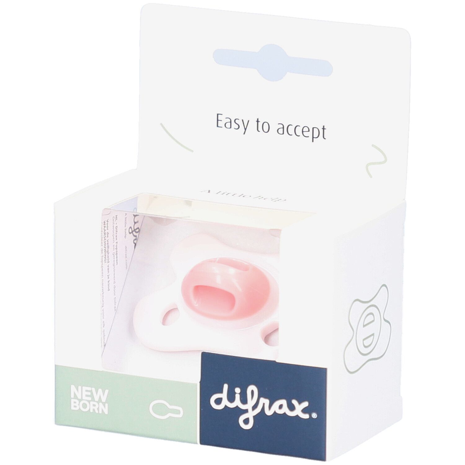 Schnuller in Verpackung. Rosa Sauger, weißer Schild. Marke: difrax. Verpackung mit Aufdruck "New Born" und "Easy to accept".